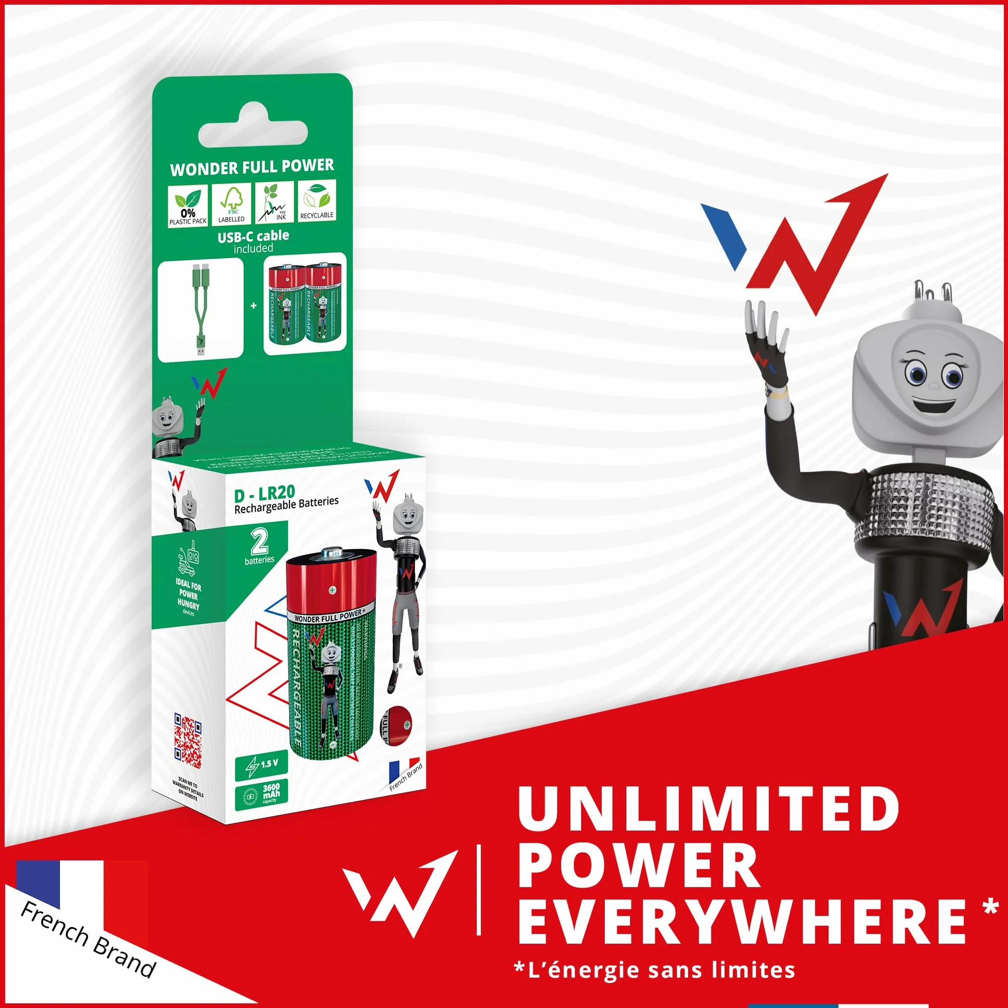 Wonder Full Energy - Baterie D / LR20 - Do ładowania przez USB-C - Kabel USB-C w zestawie - Długotrwały - 1,5V, 6000mWh, 3600mAh - 2 baterie