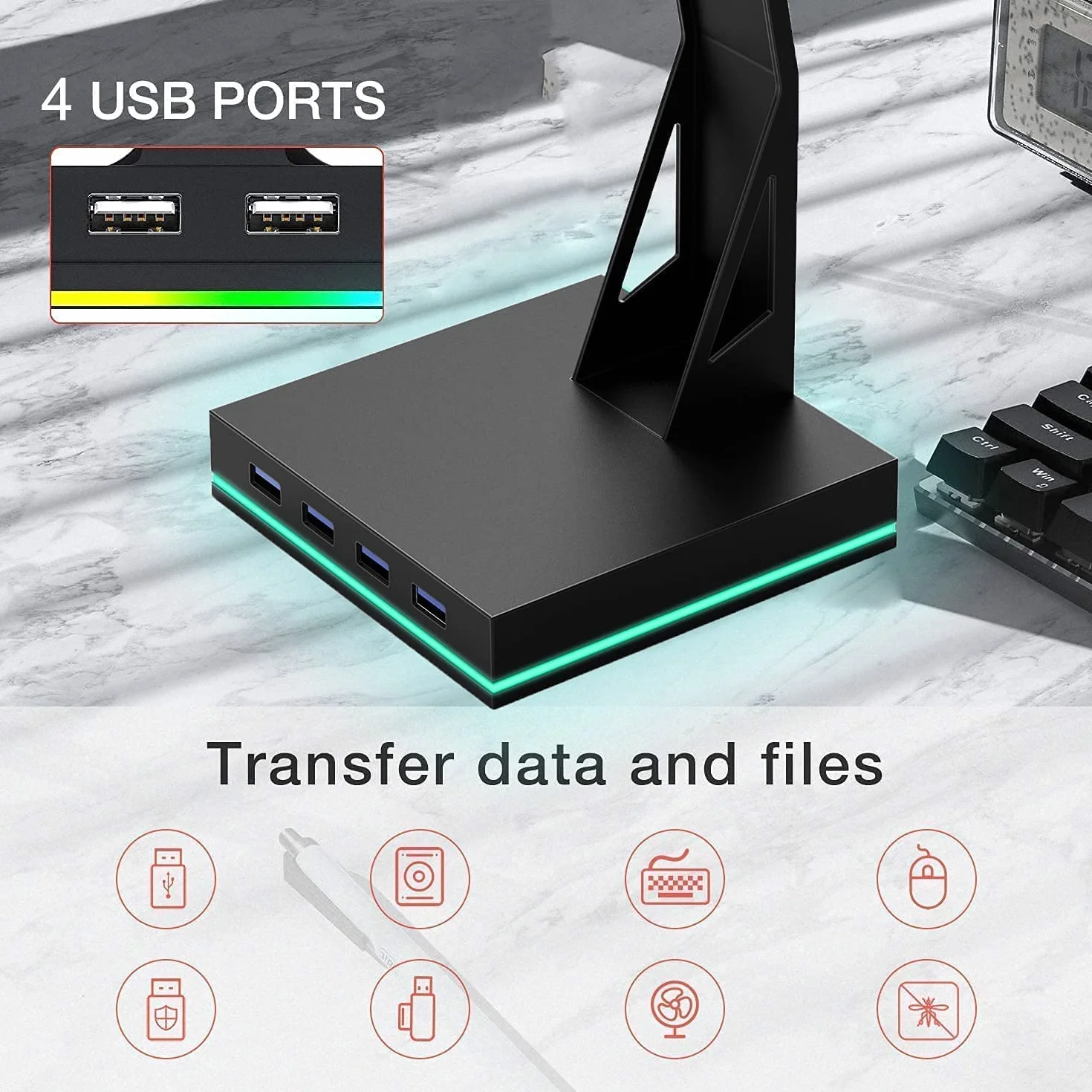 Stojak na słuchawki z 4 portami USB 2.0, uchwyt do gier RGB do gier, akcesoria komputerowe, organizuje i wyświetla zestawy słuchawkowe, idealny dla graczy