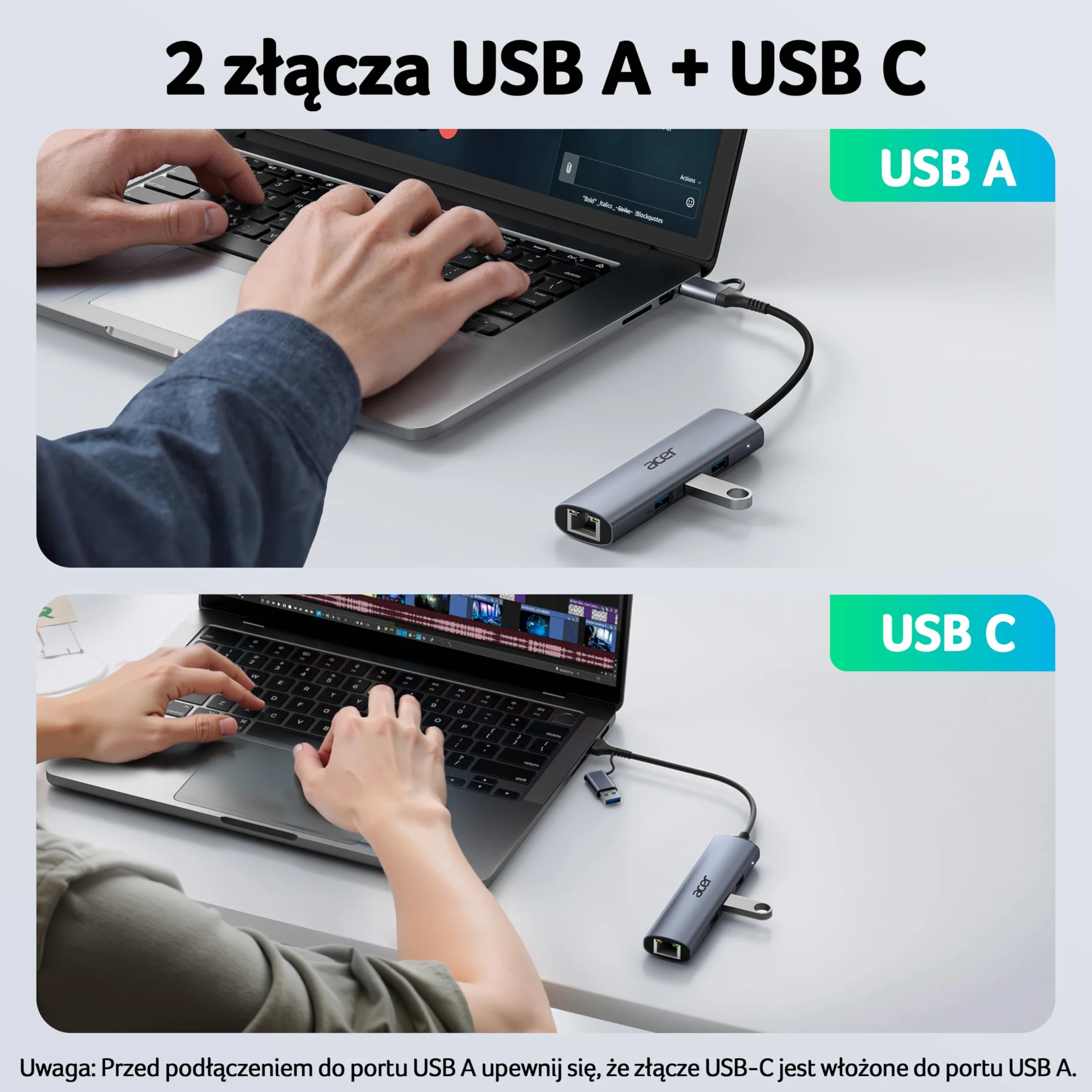Acer Adapter Ethernet USB C, koncentrator USB A/C z 3 USB 3.0 5Gbps & LAN RJ45 1Gbps, [Bez drivera, Aluminiowy] Adapter USB do sieci dla laptopów, MacBook Pro, iPad, iPhone 16, Samsung, XPS, Myszy