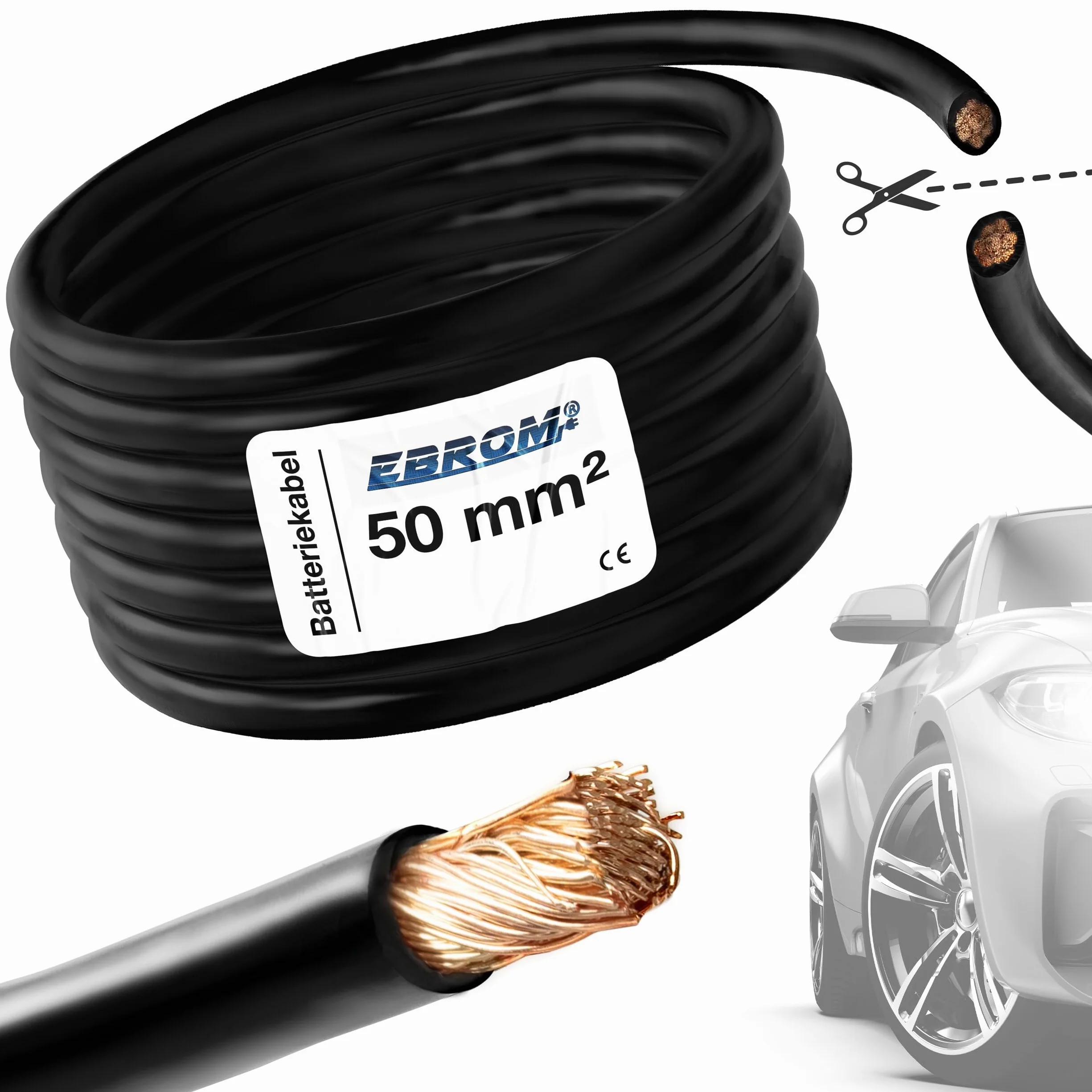 EBROM FLY przewód samochodowy do samochodu, kabel do akumulatora – przekrój 50 mm² – towar sprzedawany na metry – elastyczny 90 ± 5 Shore, 100% miedź, specjalny płaszcz PCW FLY FLRy – kabel