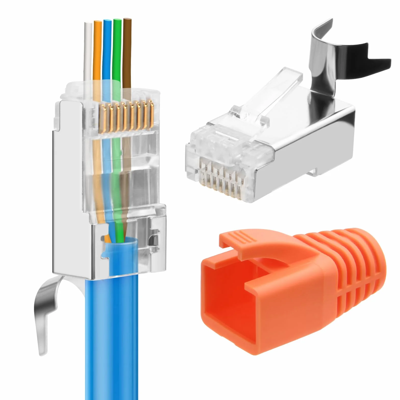AXFEE Wtyczka RJ45, wtyczka przelotowa, wtyczka Ethernet, ekranowana, Cat7 Cat6A do kabli instalacyjnych z łodzią, dwuczęściowa, 20 sztuk
