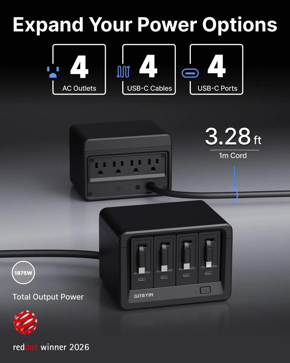 Gitryin Stacja ładująca 12 w 1 z 4 wysuwanymi ładowarkami ściennymi typu C, listwa zasilająca USB-C 40 W z płaską wtyczką, przedłużacz z ochroną przeciwprzepięciową 1020J, do domowego biura