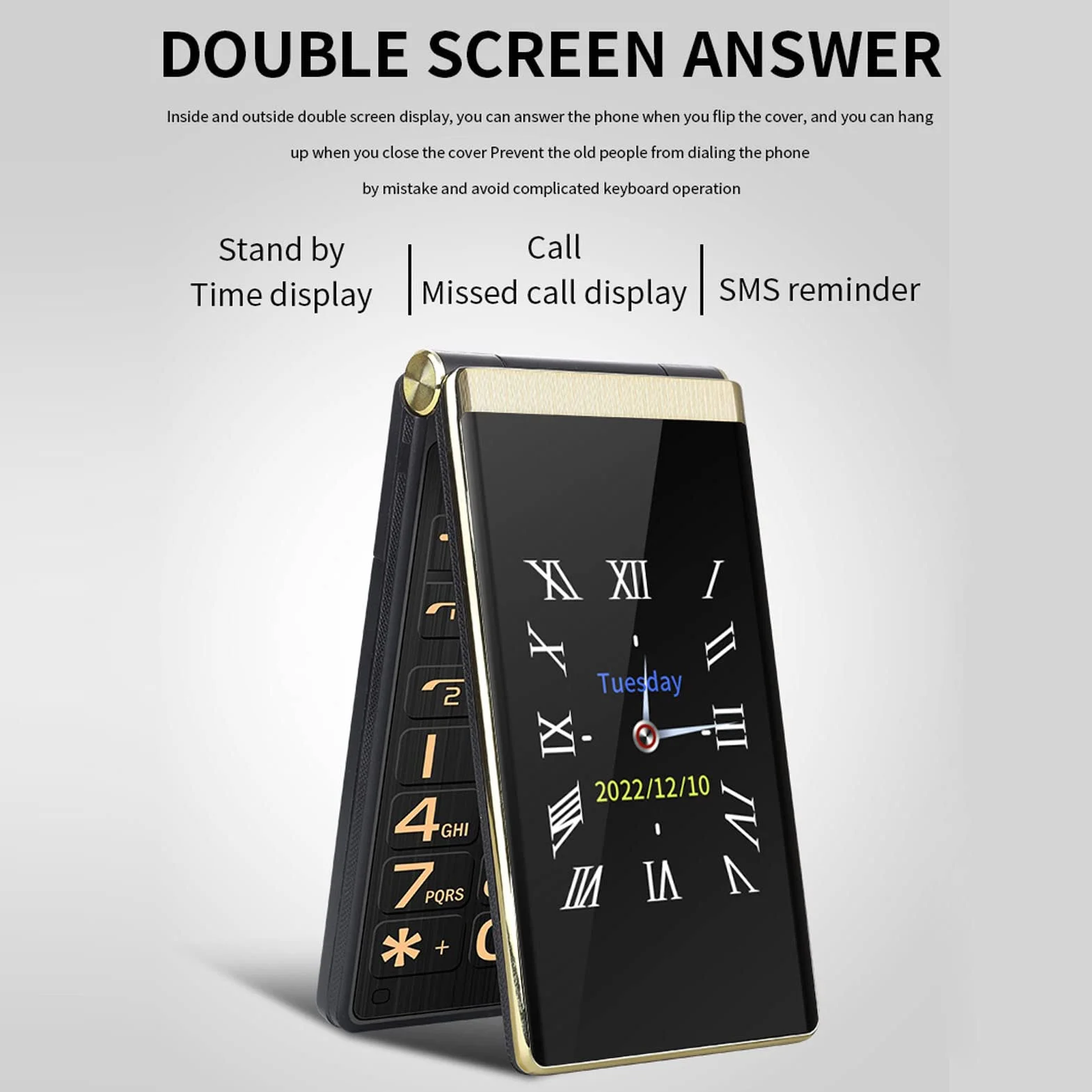 Telefon Komórkowy z klapką 2G Odblokowany, 3-calowy Podwójny DUŻY Ekran i Telefon z Przyciskami dla Seniorów, Dual SIM i 5900 MAh Duża Bateria Głośne POŁĄCZENIE Łatwy w Użyci (Złoto)