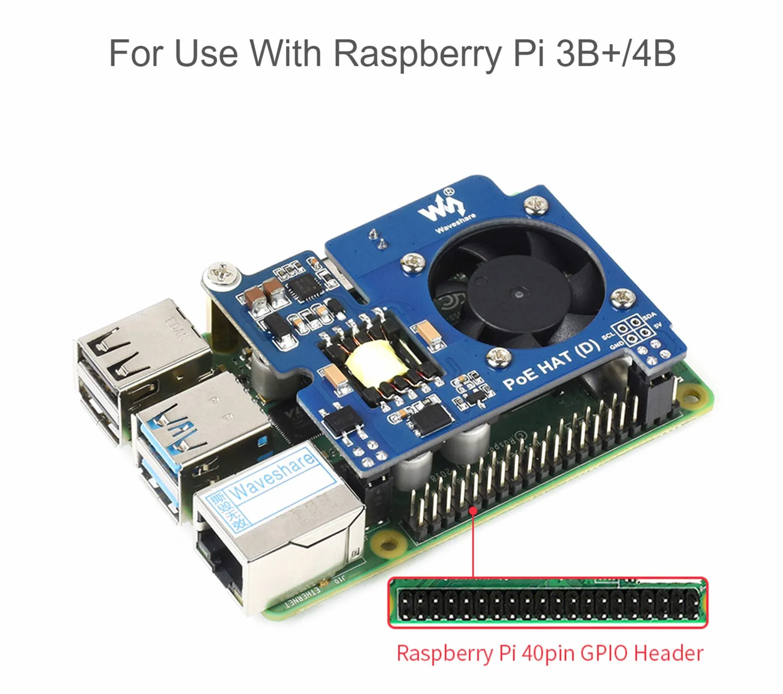 Waveshare PoE HAT (Power Over Ethernet) do Raspberry Pi 4B / 3B +, zgodność z IEEE 802.3af, wyjście DC 5 V 2,5 A, wentylator poE HAT, kompatybilny z oficjalną obudową Raspberry Pi 4B 3B+