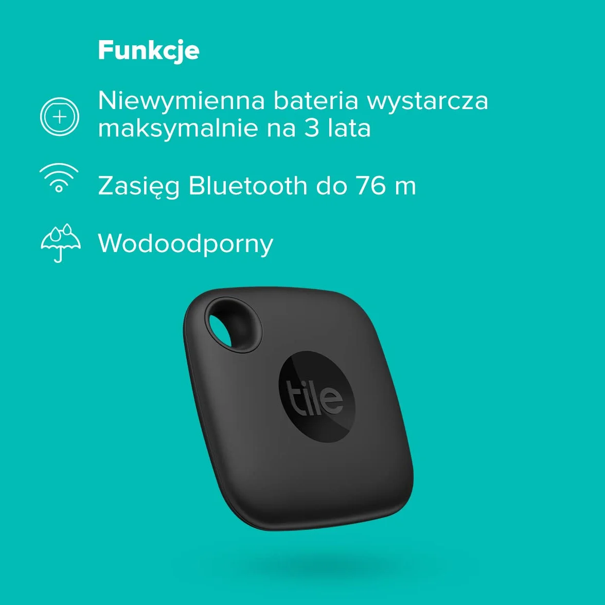 Tile Mate (2022) Lokalizator Bluetooth 1 Pak, zasięg 60m, aplikacja iOS i Android, Czarny