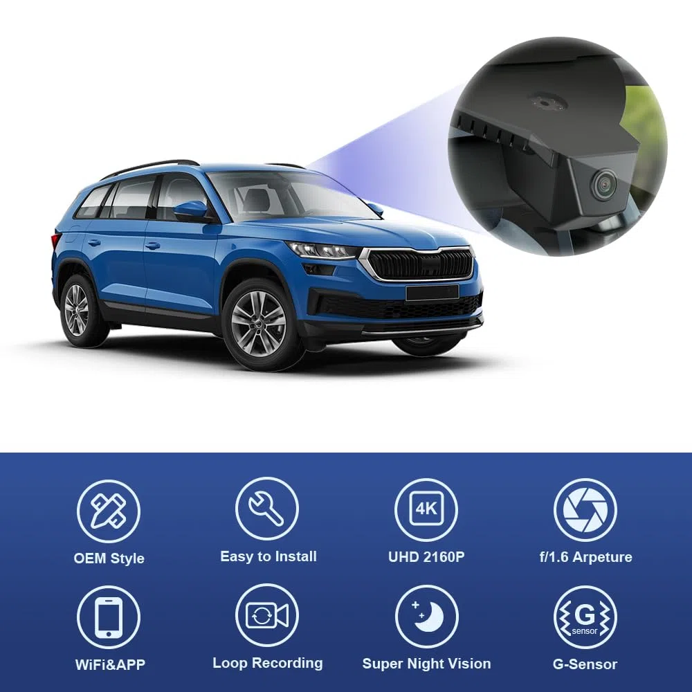 Fitcamx Dashcam 4K odpowiednia dla Skoda Kodiaq HD2-6108 2018 2019 2020 2021 2022, OEM Look, kamera samochodowa 2160P UHD Video WiFi, nagrywanie w pętli, G-Sensor, WDR Dashcam Plug & Play, karta 64GB