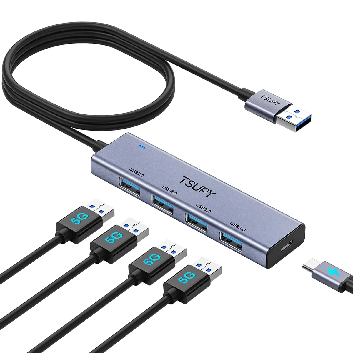 TSUPY Koncentrator USB 3.0 - Aluminiowy Hub Z 4 Portami, Przedłużacz 120 cm, Rozdzielacz 5 Gb/s Do MacBooka, iMaca, Surface Pro, XPS, Notebooka, Pamięci i Więcej