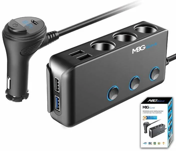 Ładowarka USB multiport| Rozdzielacz gniazda zapalniczki samochodowej HC67C 120W | 3 Gniazda 12V z włącznikami i woltomierzem, Adapter do pojazdów