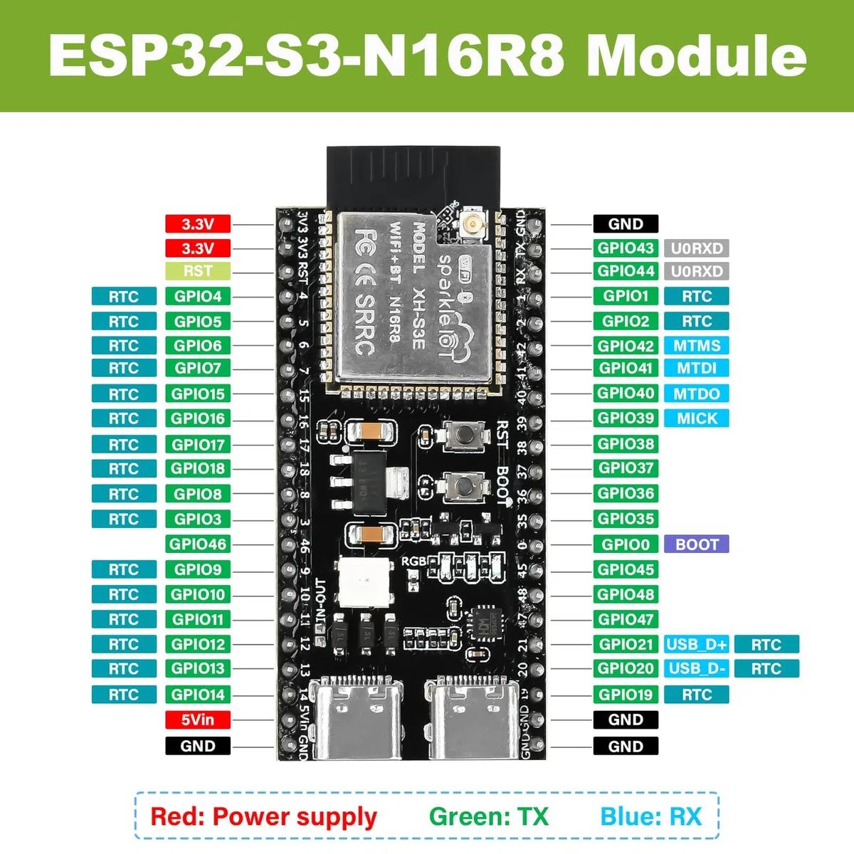 diymore 3 szt. do ESP32-S3 DevKitC-1 N16R8 moduł, do ESP32 S3 1-N16R8 deska rozwojowa z WiFi, Bluetooth 5.0, antena USB C