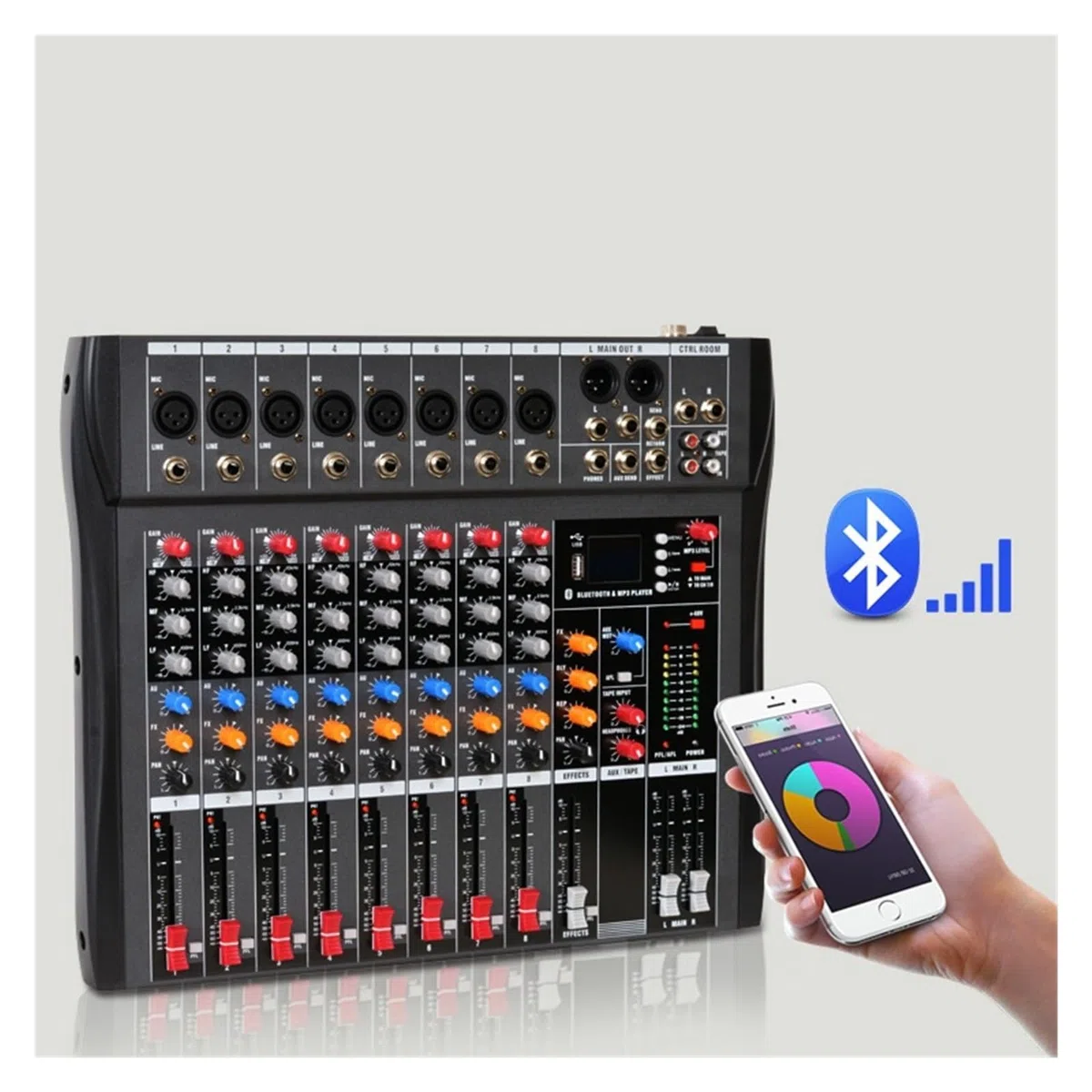 Mikser audio, profesjonalny mikser z 8 kanałami, konsola do miksowania dźwięku, obsługa Bluetooth, USB i zasilanie fantomowe 48 V do nagrywania na imprezach