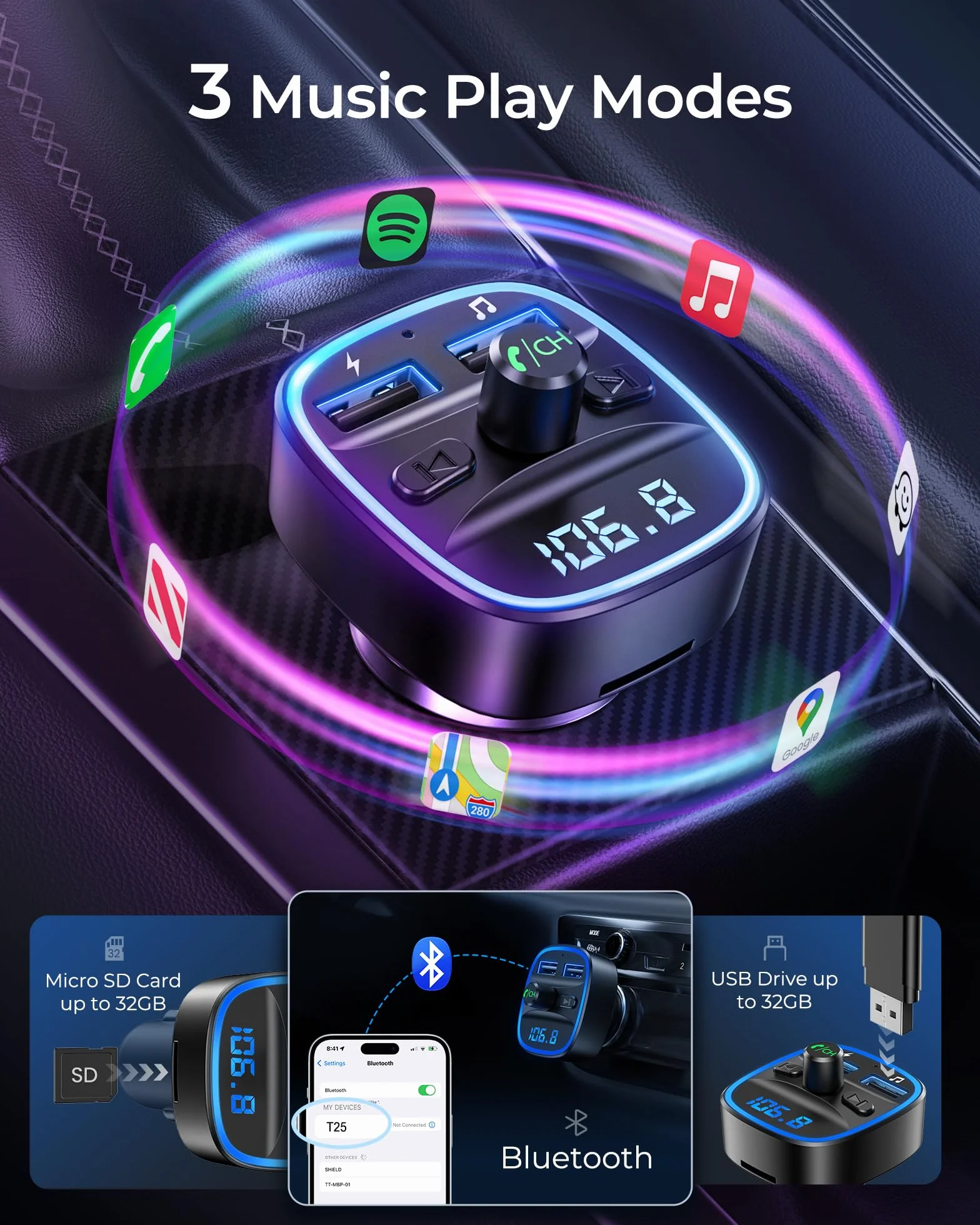 LENCENT 5.0 Samochodu Nadajnik FM Bluetooth, 2022 Ulepszony Nadajnik Bluetooth FM Bezprzewodowy z Podwójnym ładowaniem USB Ładowarka samochodowa Odtwarzacz MP3 Obsługa kart TF i dDysków USB