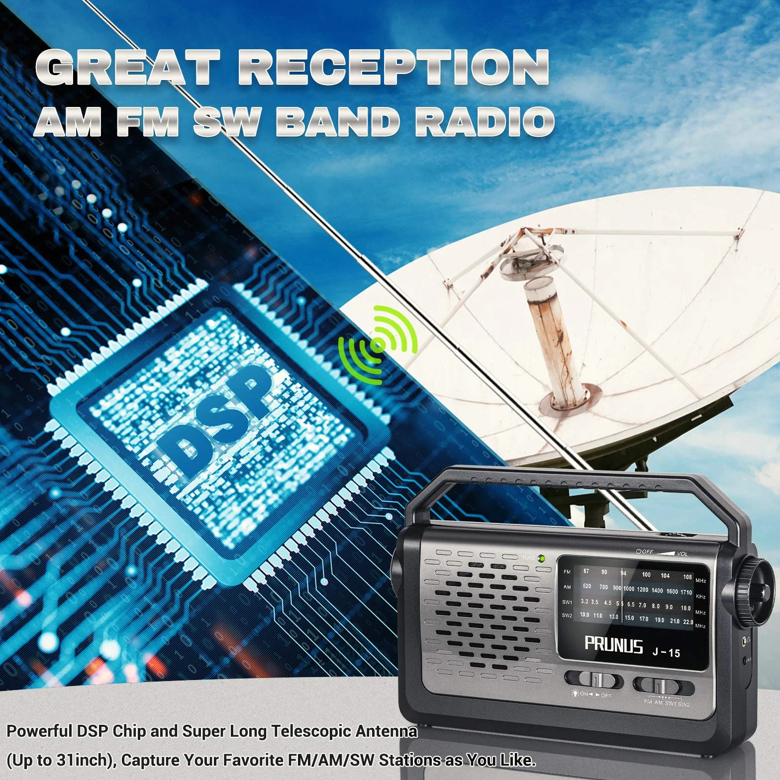 PRUNUS J-15 radio walizkowe, odbiornik światowy, radio UKW/FM/AM/SW, przenośne radio zasilane bateriami lub prądem AC, małe radio z kablem, duży głośnik 3 W, latarka w sytuacjach awaryjnych.