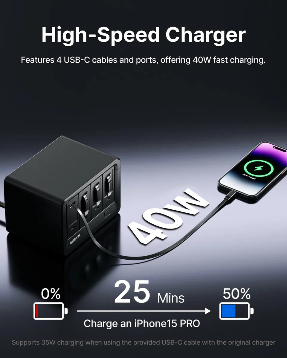 Gitryin Stacja ładująca 12 w 1 z 4 wysuwanymi ładowarkami ściennymi typu C, listwa zasilająca USB-C 40 W z płaską wtyczką, przedłużacz z ochroną przeciwprzepięciową 1020J, do domowego biura