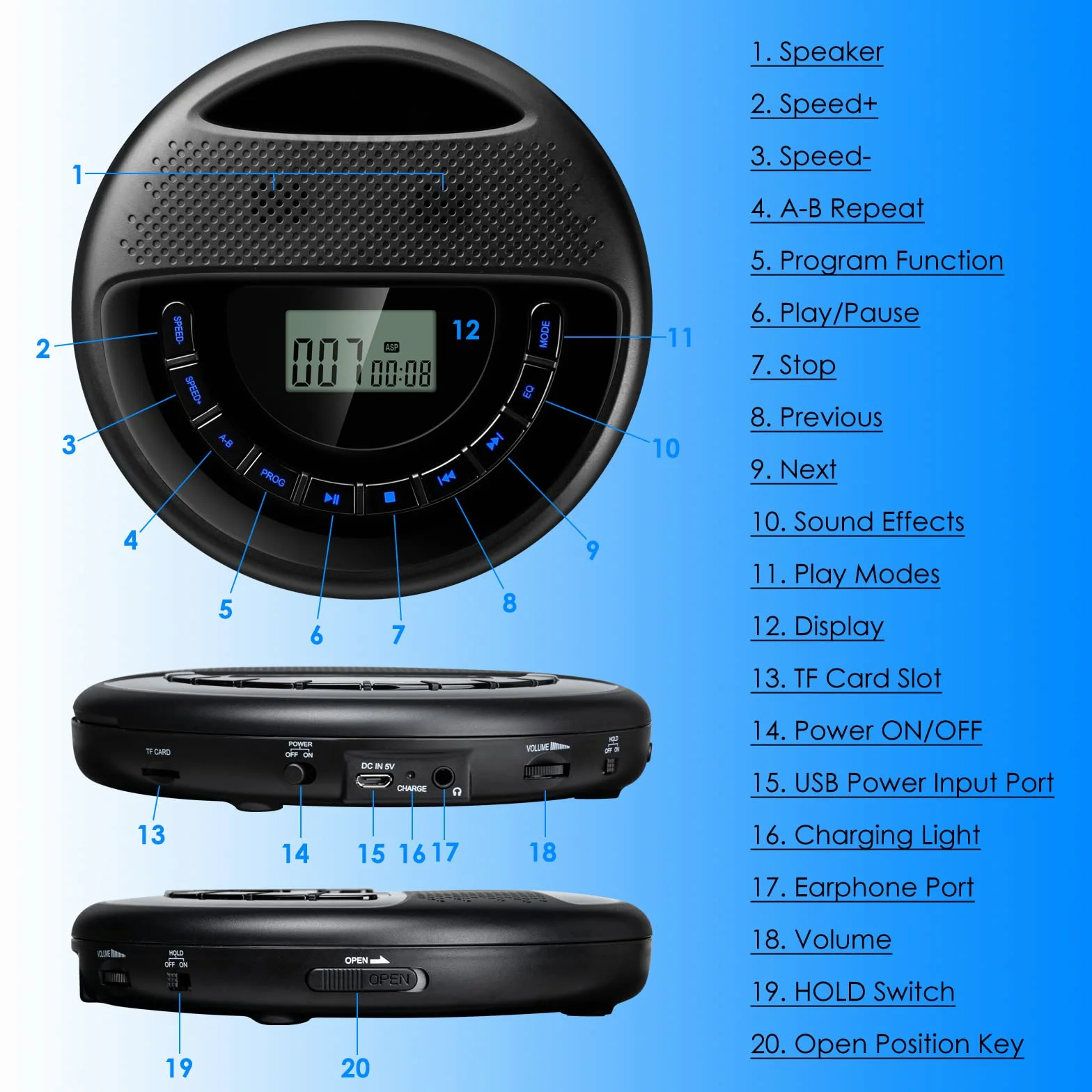 Gueray Przenośny odtwarzacz CD z głośnikiem Discman z wbudowaną baterią litową 1400 mAh, obsługuje karty TF ze słuchawkami i kablem AUX 3,5 do 3,5 mm dla dzieci, audiobooków, słuchania muzyki