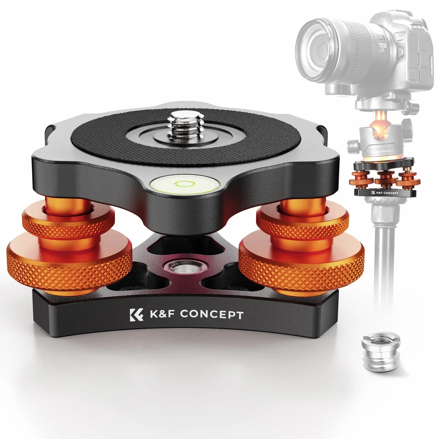 K&F Concept Podstawa do poziomowania głowicy statywu, aluminiowa podstawa poziomująca ze śrubą 3/8", precyzyjna regulacja kąta -5°, trójkołowiec do makro fotografii panoramicznej, z adapterem 1/4 na 3