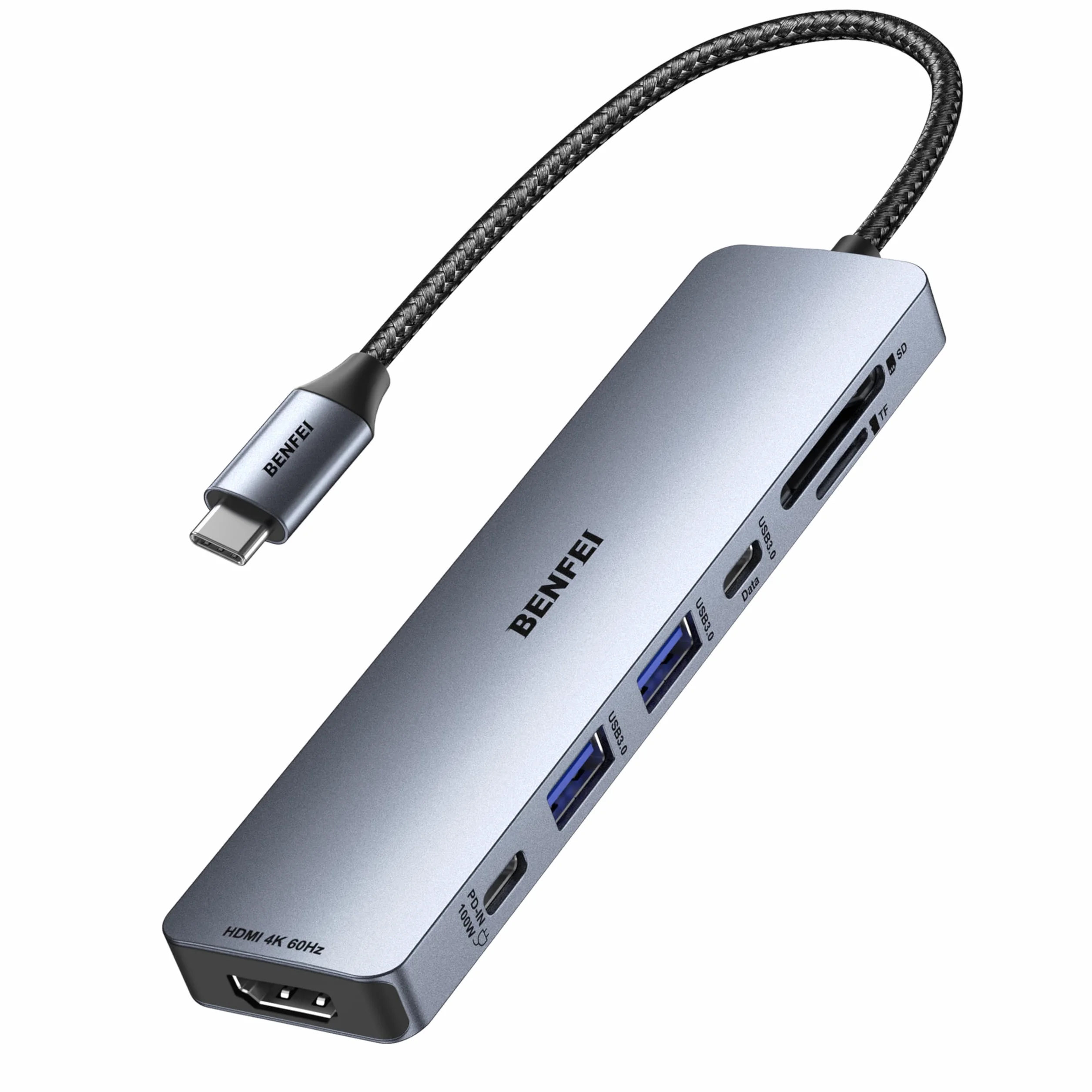 BENFEI Hub USB C 7w1 z HDMI (4K@60Hz), 2 USB-A, 1 USB-C do transmisji danych, ładowanie 100W, czytnik kart SD/TF, silikonowy kabel nieplączący się kompatybilny z MacBookiem Pro/Air, iPadem Pro, iMacem