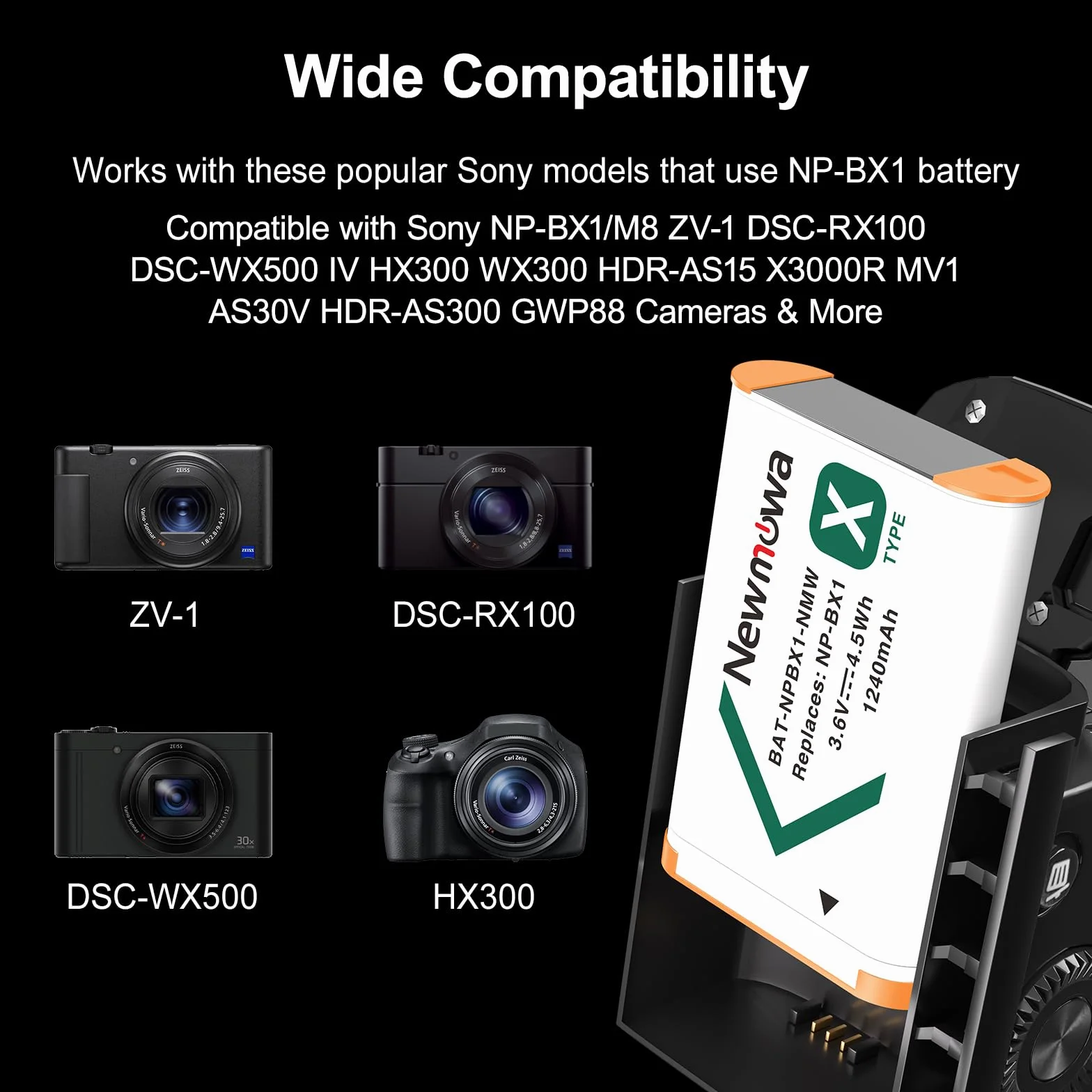 Newmowa NP-BX1 Ładowarka akumulatorów 4-kanałowa z wyświetlaczem LCD kompatybilna z Sony NP-BX1/M8 ZV-1 Cyber-Shot DSC-RX100
