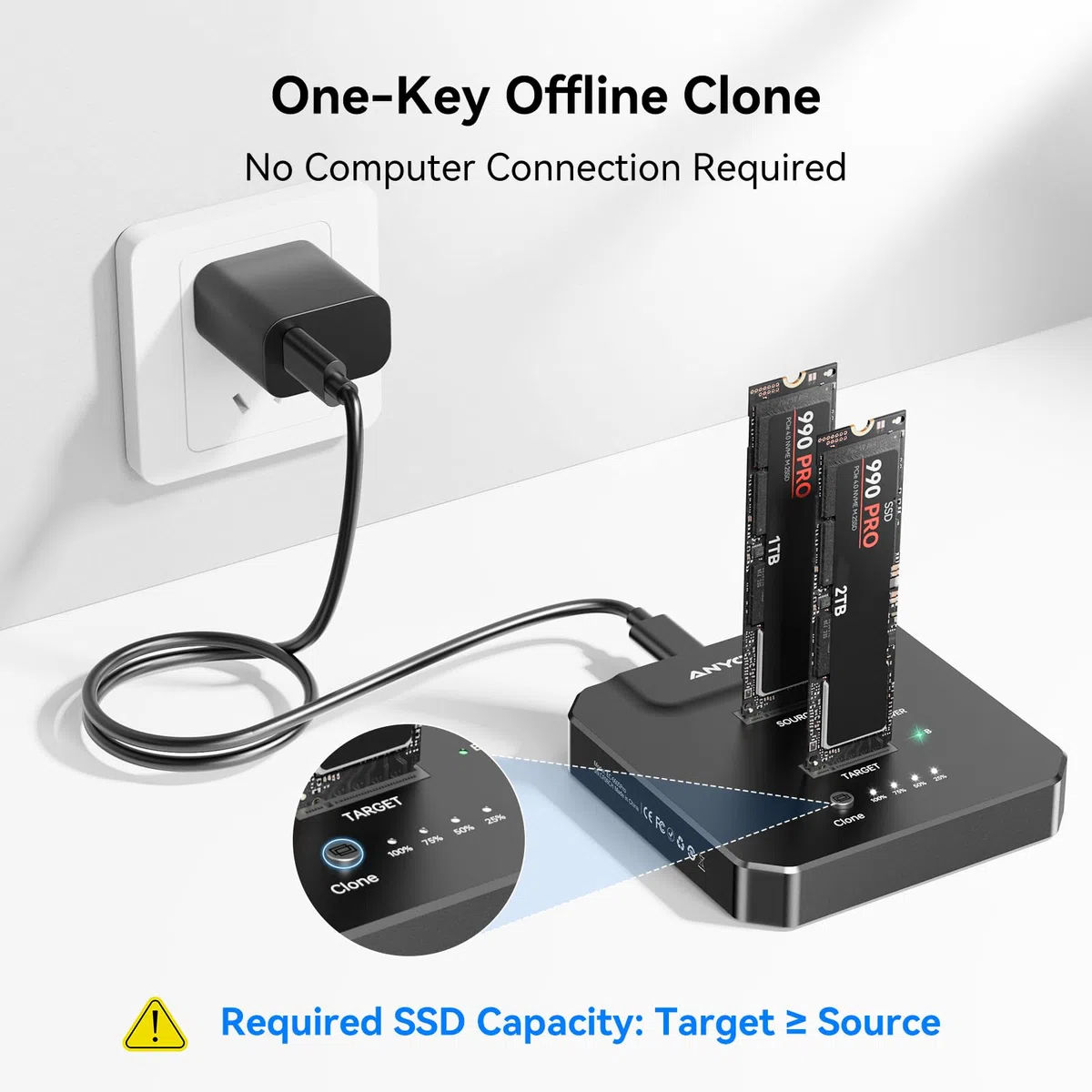 NVMe M.2 Clone SSD obudowa 20 Gbps USB 3.2 Gen2, Dual Bay M.2 NVMe stacja dokująca z klonowaniem offline do szybkiej aktualizacji komputera, migracji systemu i tworzenia kopii zapasowych danych