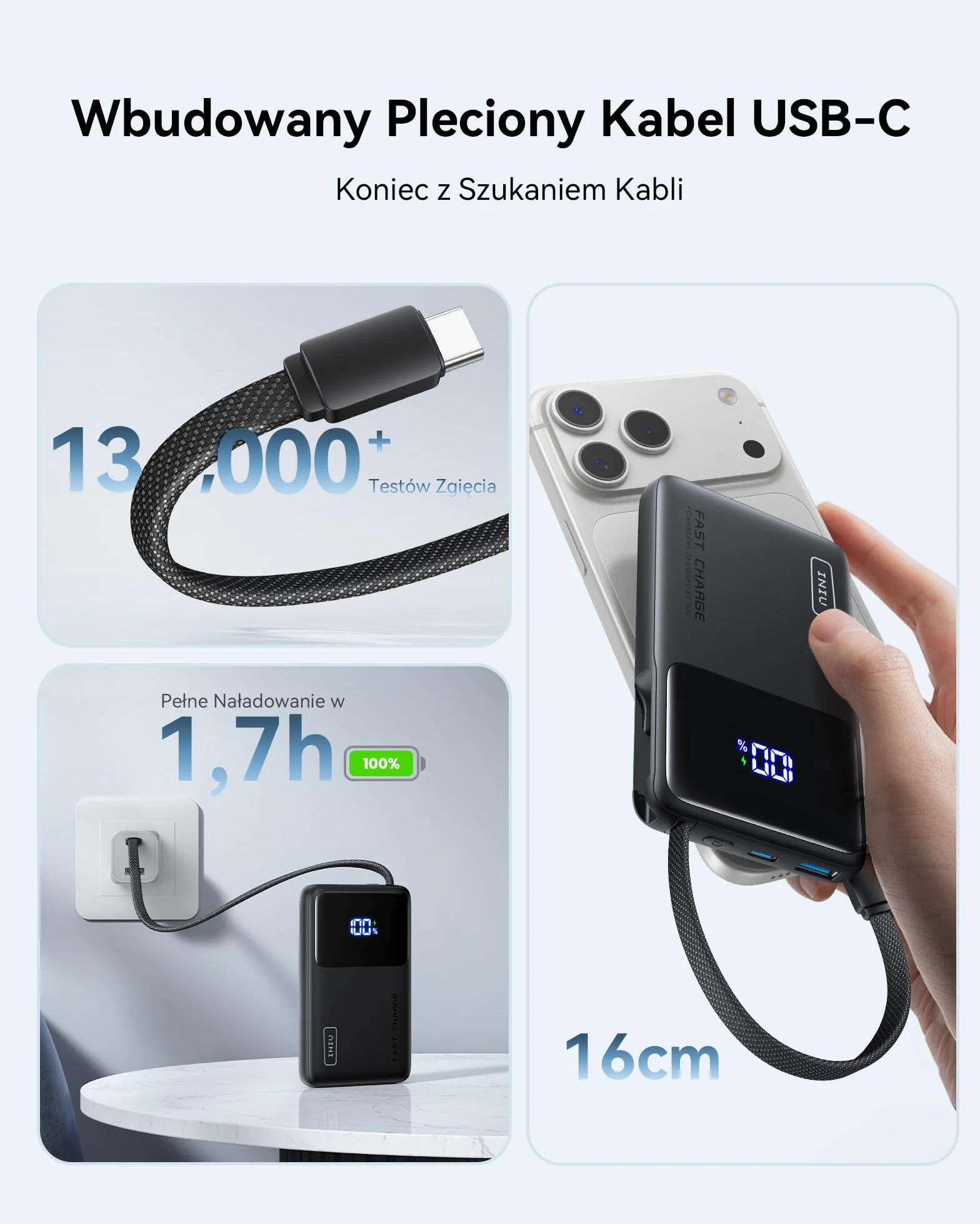 INIU Power Bank 45 W 10 000 mAh cienki powerbank z wbudowanym kablem USB-C przenośna ładowarka USB C In&Out