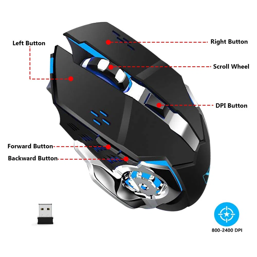 Bezprzewodowa klawiatura i mysz 2,4 G, pojemność 3000 mAh, metalowy panel z podświetleniem LED, wodoodporna, ergonomiczna klawiatura do gier USB Anti-Ghosting + 2400 DPI, 6 przycisków, mysz do gier