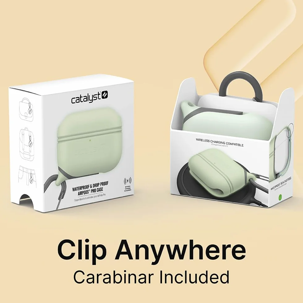 Catalyst Wodoodporna obudowa do AirPods Pro (1. i 2. generacji), silikon ochronny, ładowanie bezprzewodowe, karabińczyk, odporne na wstrząsy - akcesoria Apple - Glow in the Dark