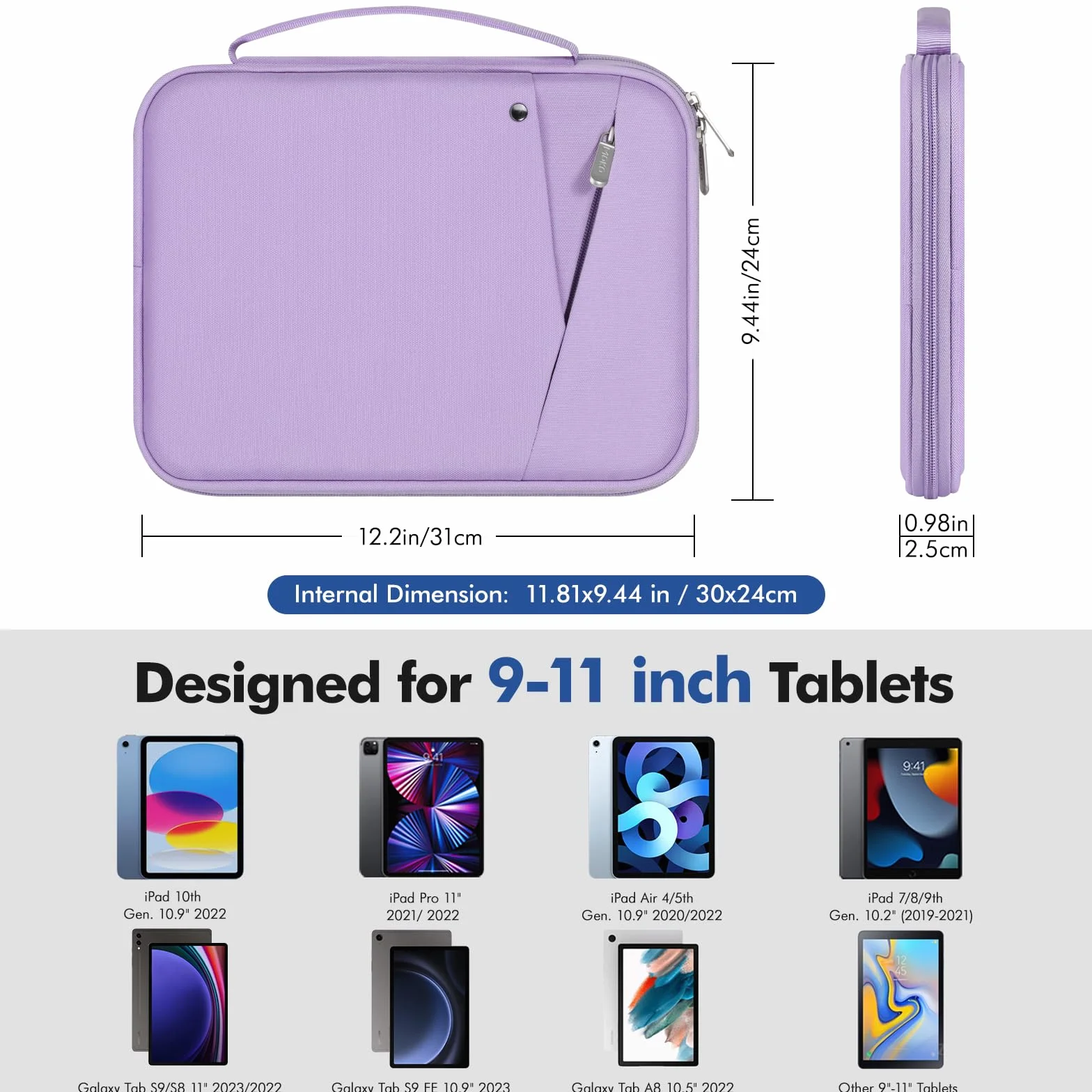 MoKo 9-11 Inch Tablet Sleeve Carrying Case with Handle, Padded Protective Travel Bag for New 11 inch iPad Air M3 2025, iPad A16 11", iPad Pro 11 M4, iPad 10/9/8/7th, Tab S9/S8 11, Purple