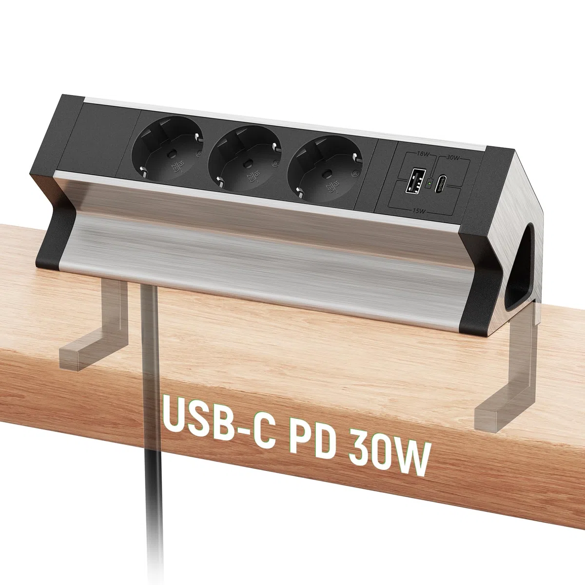 Listwa zasilająca na biurko z gniazdem USB C, 3 gniazda, listwa zasilająca z gniazdem USB, kabel 1,8 m, ze stopu aluminium, do biura, warsztatu