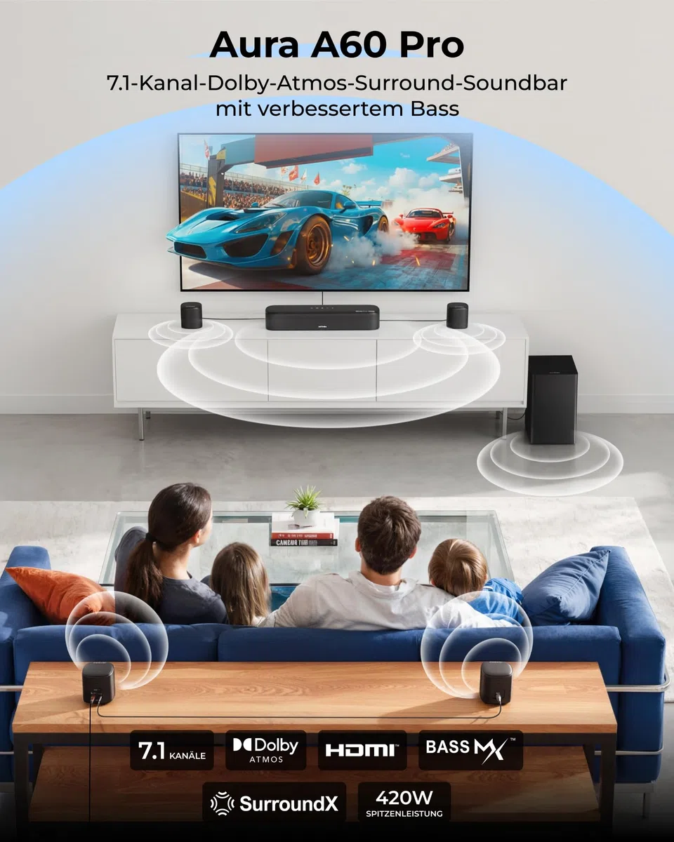 ULTIMEA 7.1-kanałowy system dźwięku przestrzennego do TV, Dolby Atmos Soundbar z 4 głośnikami Surround, VoiceMX, BassMX, 420 W, soundbar do Smart TV, HDMI eARC, sterowanie aplikacją, Aura A60 Pro