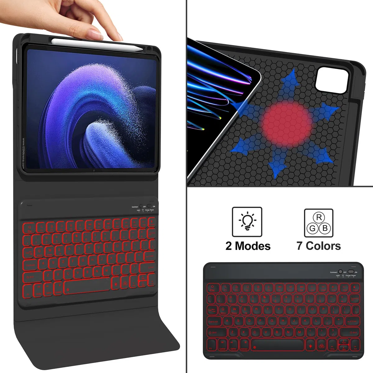 Black,GUPENAA Etui z klawiaturą do Xiaomi Mi Pad 5/5 Pro 11", 7-kolorowe Podświetlenie, Wbudowany Uchwyt na Ołówek, Magnetyczna Odłączana Bezprzewodowa Klawiatura Bluetooth z Myszką