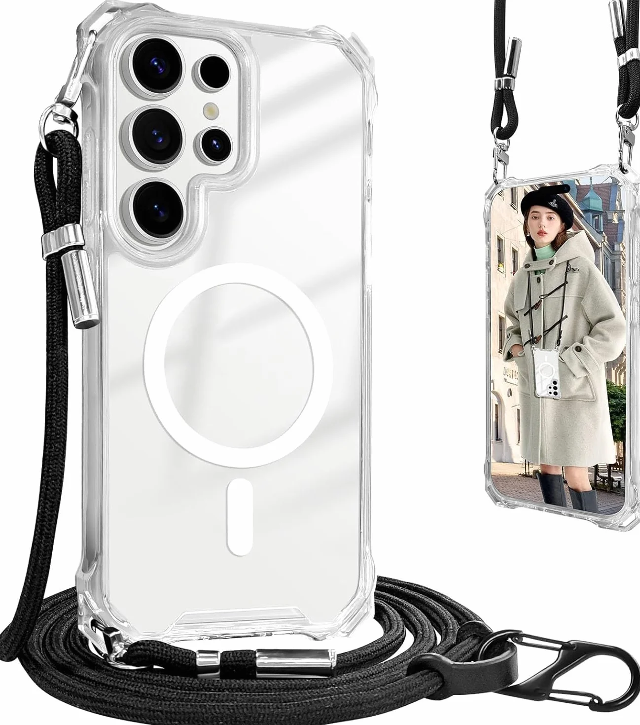Pasek na telefon Samsung Galaxy S26 Ultra, przezroczyste etui z regulowanym łańcuszkiem, czarne
