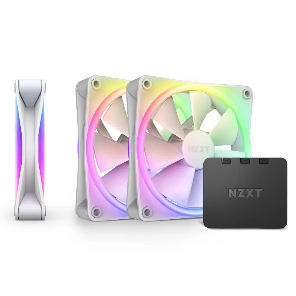 NZXT F120 RGB Duo Triple Pack - 3x Wentylatory RGB 120mm + Hub - Biały | Trzy wentylatory RGB 120mm dwustronne z kontrolerem. Po 20 adresowalnych diod LED, zrównoważona wydajność, RGB przez CAM.