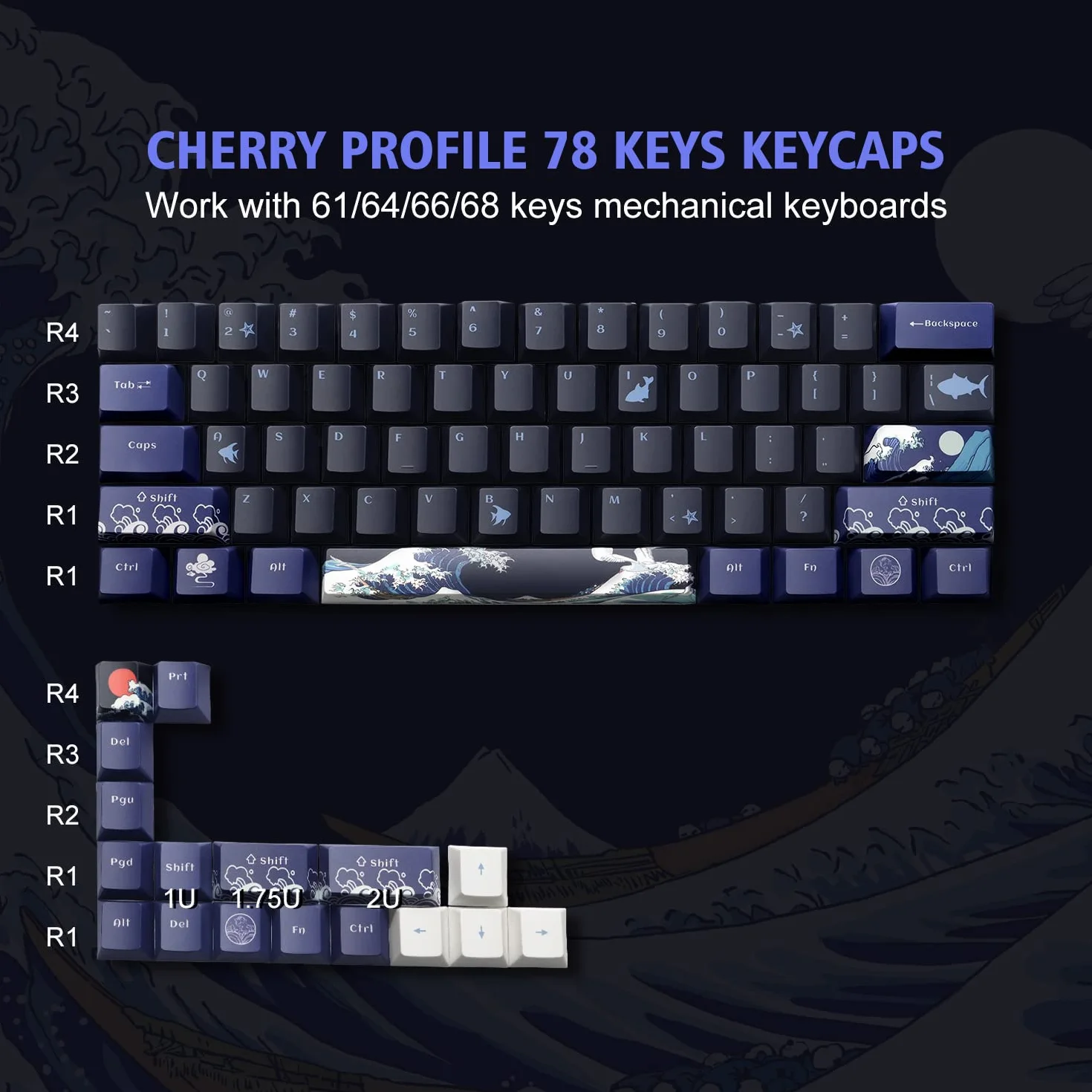 Nasadki klawiszy PBT 60 procent, Great Wave Off Kanagawa japońskie nasadki klawiszy, niestandardowy zestaw nasadek klawiszy DYE-Sub, nasadki klawiszy z profilem Cherry do 61/64/66/68 Cherry Gateron MX