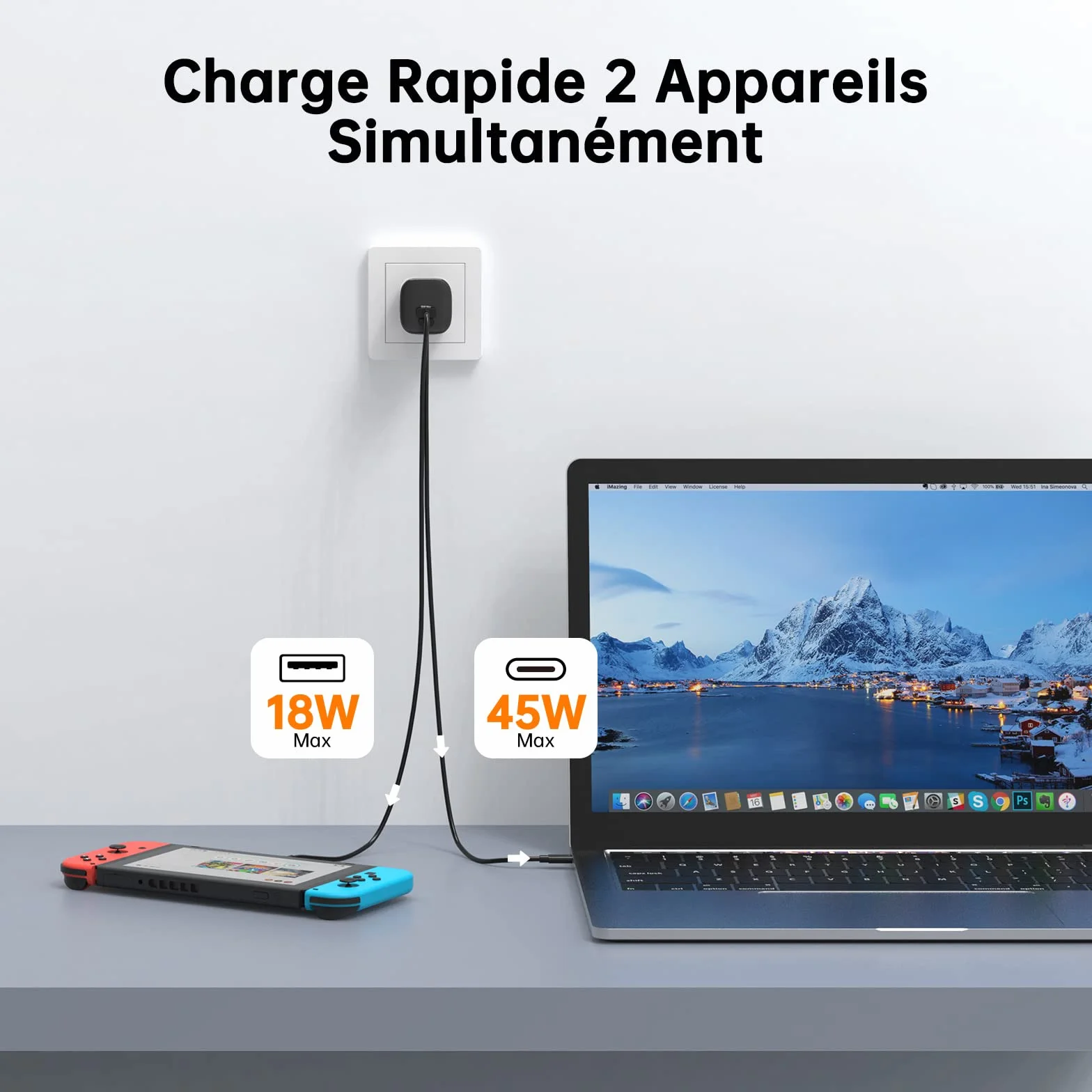 NOVOO 67W ładowarka USB C, szybka ładowarka z 2 portami USB, 1 m kabel w zestawie, uniwersalny adapter do ładowania kompatybilny z iPhone 14 15 Plus Pro Max Air iPad, Macbook Galaxy S23