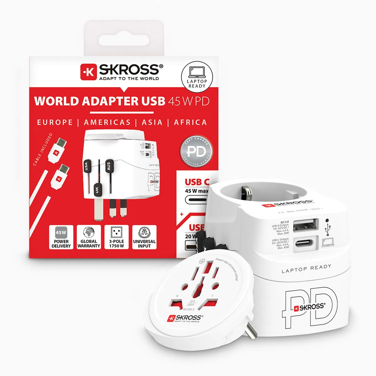SKROSS - PRO Light USB AC45PD uniwersalny adapter podróżny do i na świat z 2 gniazdami USB - szybkie ładowanie 45 W - napięcie i moc: 100 V AC - 700 W / 250 V - 1750 W