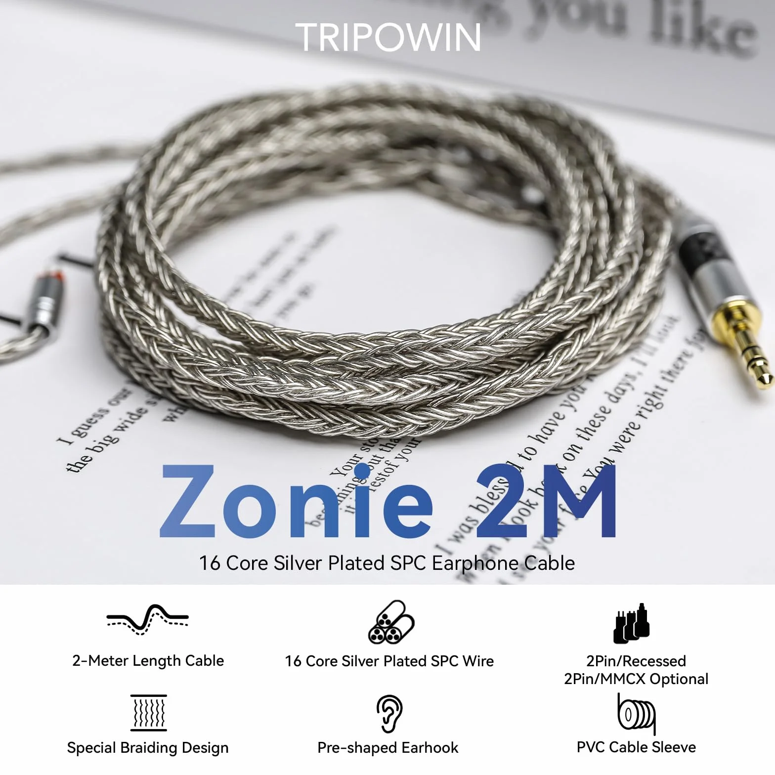Linsoul Tripowin Zonie kabel IEM, 2m długi kabel do słuchawek, 16-rdzeniowy posrebrzany kabel do słuchawek, kabel do monitora w uchu (MMCX, szary)