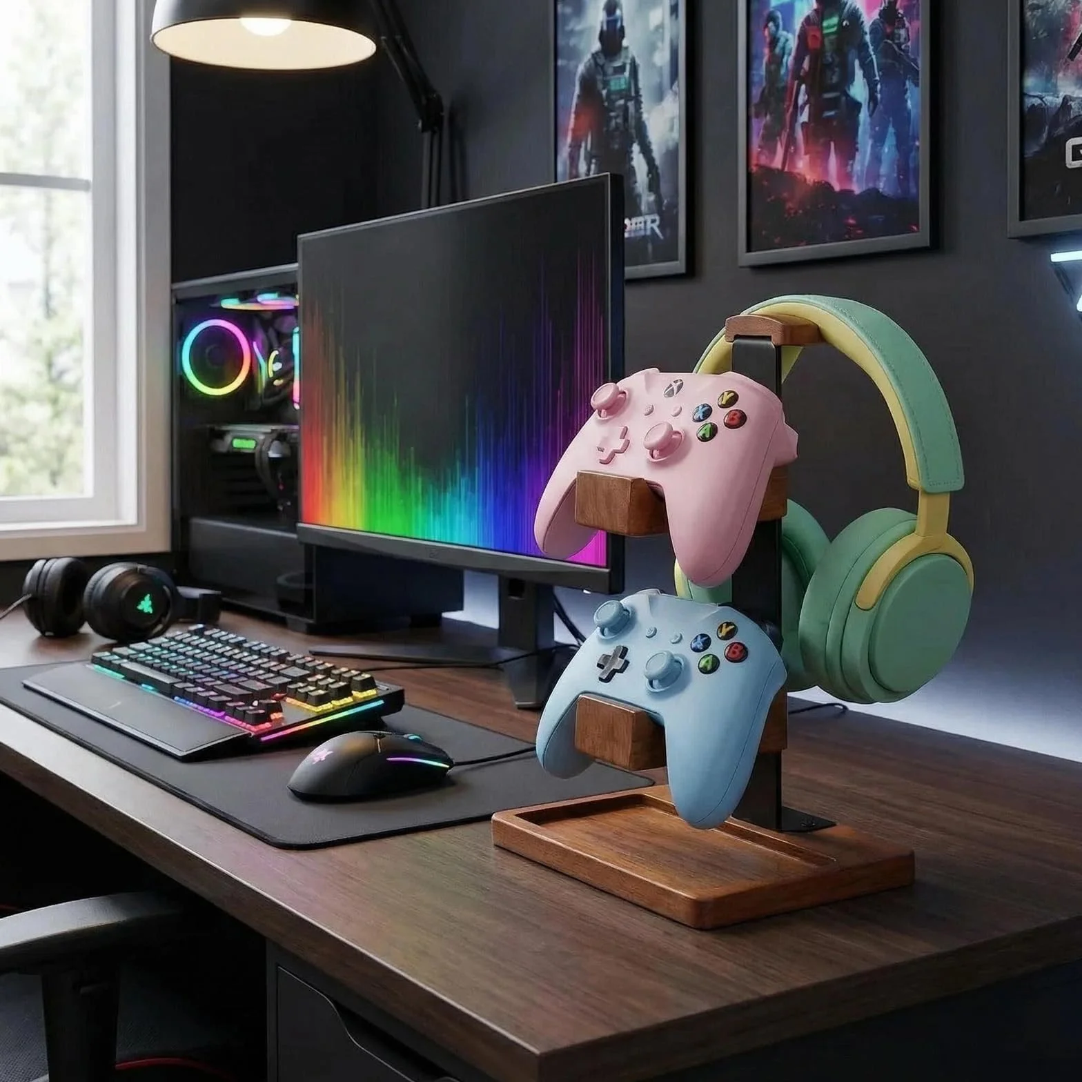 Acidea Uchwyt na kontroler z litego drewna stojak na słuchawki podwójny organizer do gier Xbox PS4 PS5