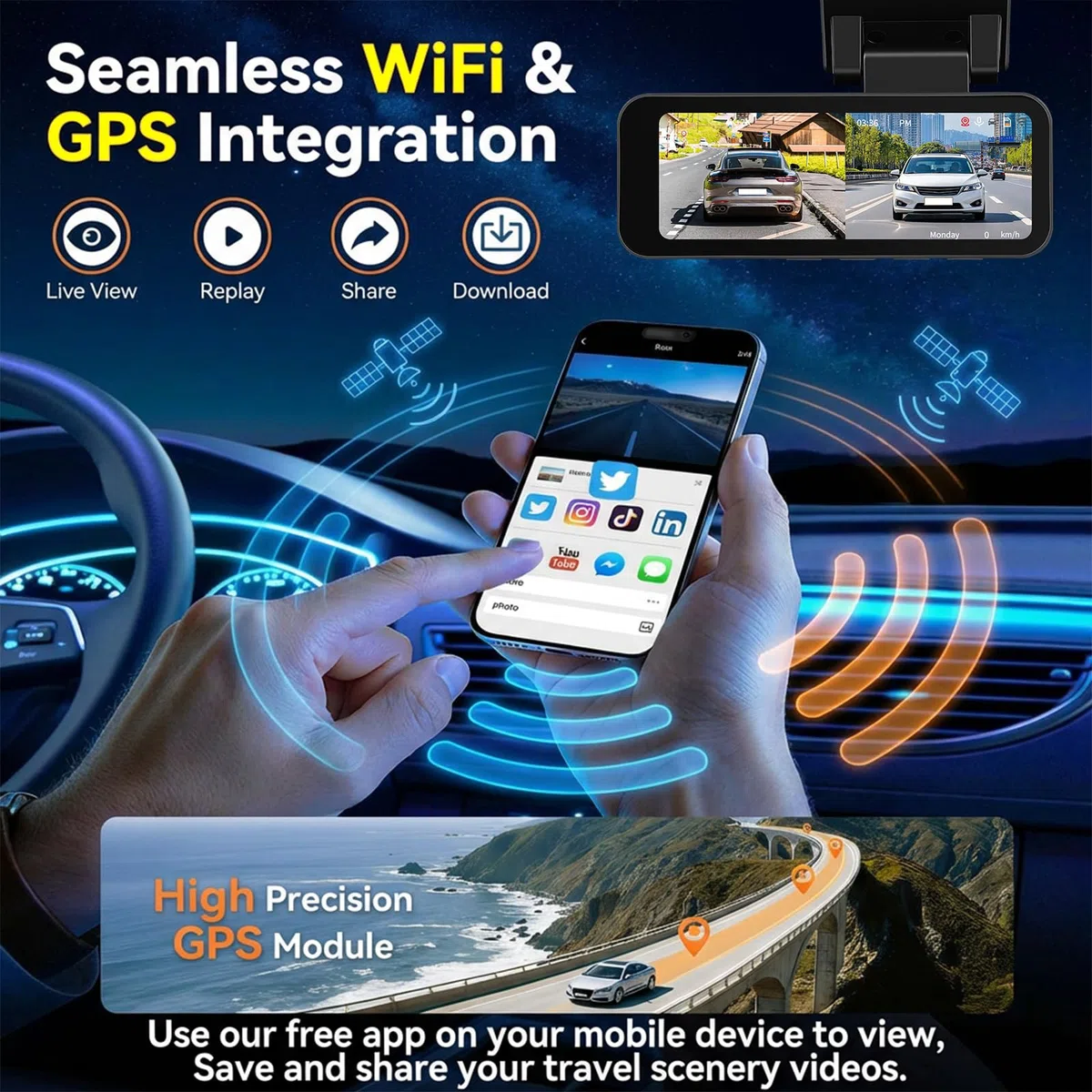 Podwójna kamera samochodowa 4K dla i tylnych, kamera samochodowa z ekranem 3,16 cala z GPS i WiFi, szeroki kąt 150°, noktowizor, czujnik G, monitorowanie parkowania, nagrywanie pętli, zawiera kartę