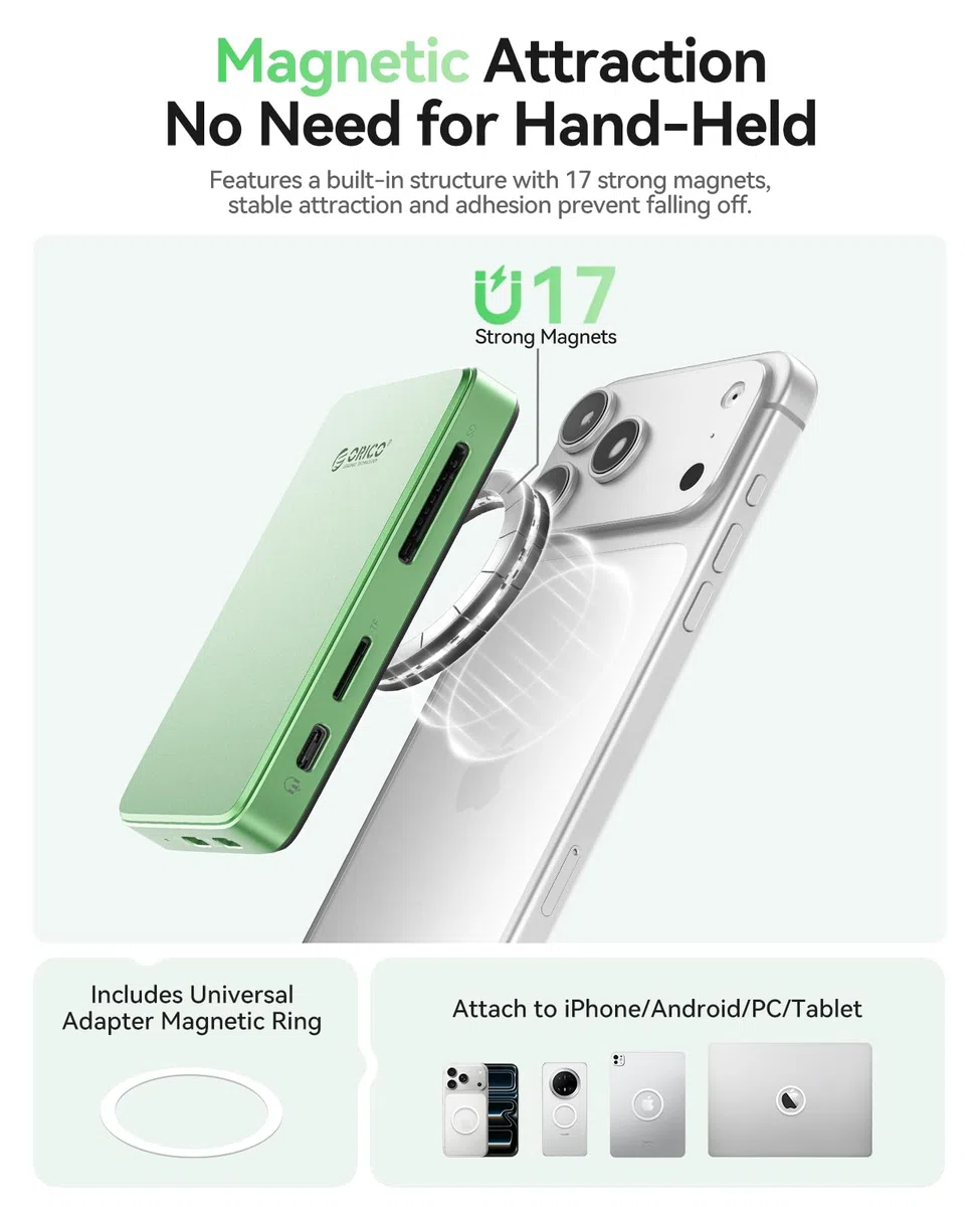 ORICO 10Gbps Magnetyczna obudowa M.2 NVMe SSD z podstawą USB-C Kompatybilna z nagrywaniem ProRes na iPhone 17/16/15 Pro/MAX/Plus Gniazdo TF/SD PD 100W dla dysków SSD 2230/2242/2260/2280 Bez dysku