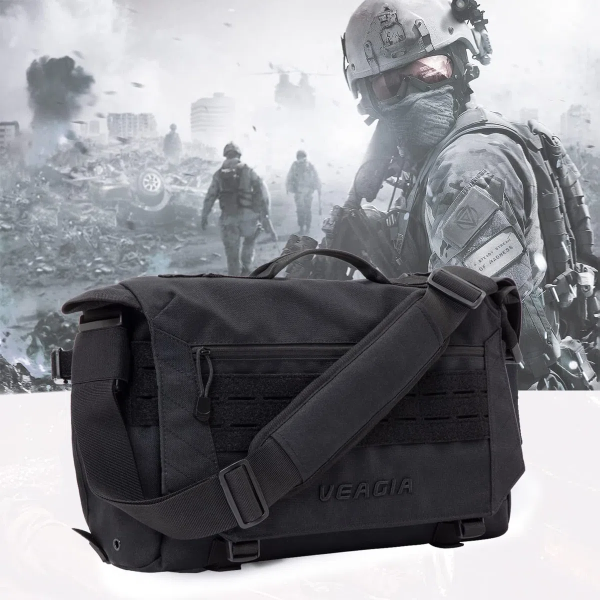 VEAGIA Torby kurierskie Torba na laptopa Teczka system Molle Styl taktyczny Odpinany pasek na ramię Torby na ramię (43x30x13cm), Czarny, 16.5x11x4.5in