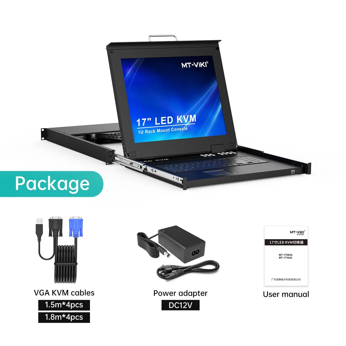 MT-VIKI 17-calowy monitor LCD Rackmount KVM Monitor Switch 8 portów KVM VGA ze zintegrowaną konsolą do szafy 1U 600-800 mm szafy, touchpada, szuflady, Hotkey OSD z 4 x 1,5 m + 4 x 1,8 m kablami 1280 x