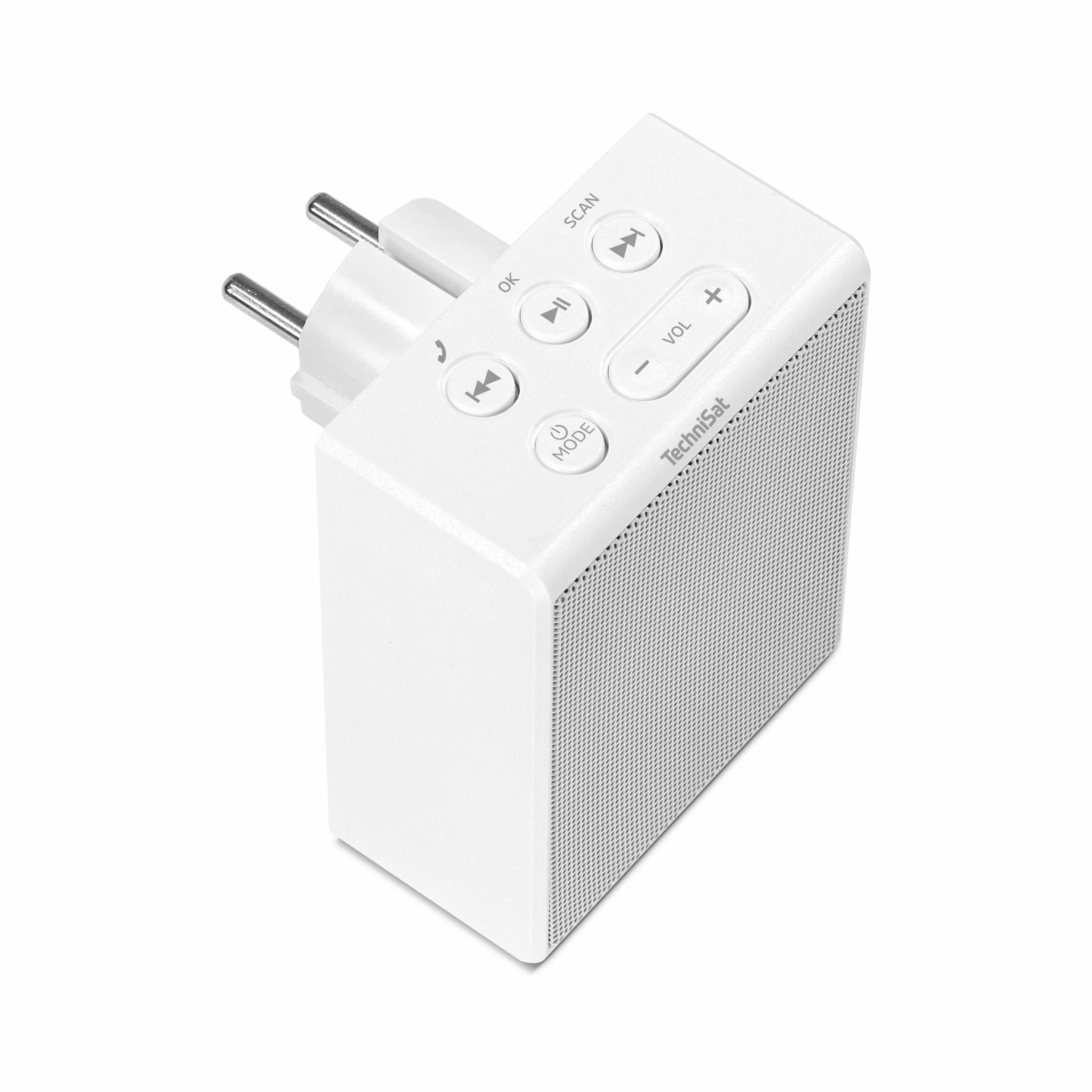 TechniSat VIOLA Radio z gniazdkiem, kompaktowe radio FM do gniazdka (Bluetooth, zestaw głośnomówiący, przyciski sterujące, 30 ulubionych, głośnik mono 1,5 W), białe