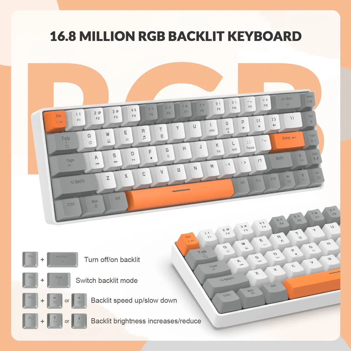 YINDIAO T8 60% Klawiatura do Gier,68 Klawiszy Kompaktowa Mini Przewodowa Klawiatura Mechaniczna z Podświetleniem 18 Chroma RGB,Czerwony przełącznik,Spiralny Kabel USB C,na PC,PS4-Jasny Szary