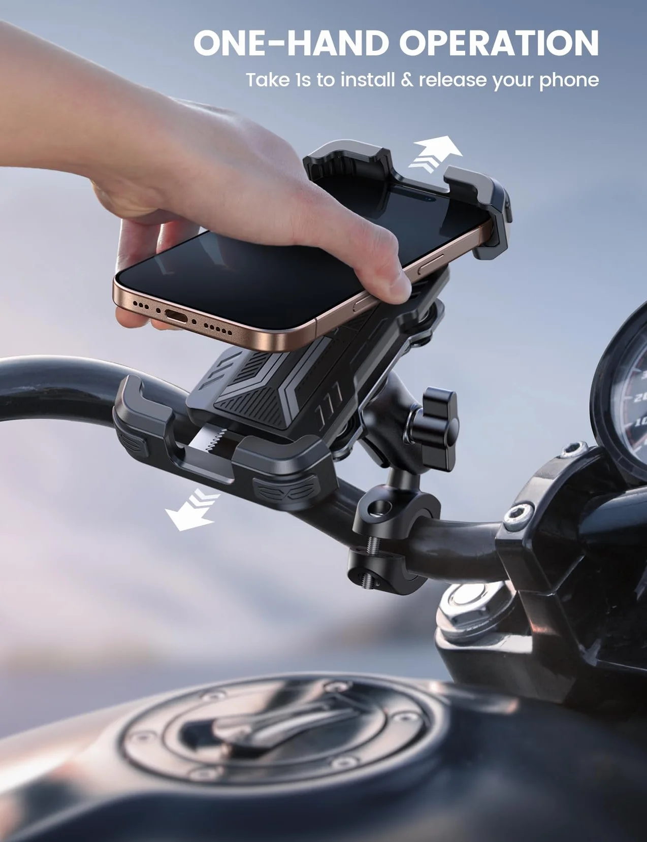 Lamicall Uchwyt na telefon motocyklowy antykradzieżowy podwójna antywstrząsowa regulowanym ramieniem niebieski 4,7-6,7"