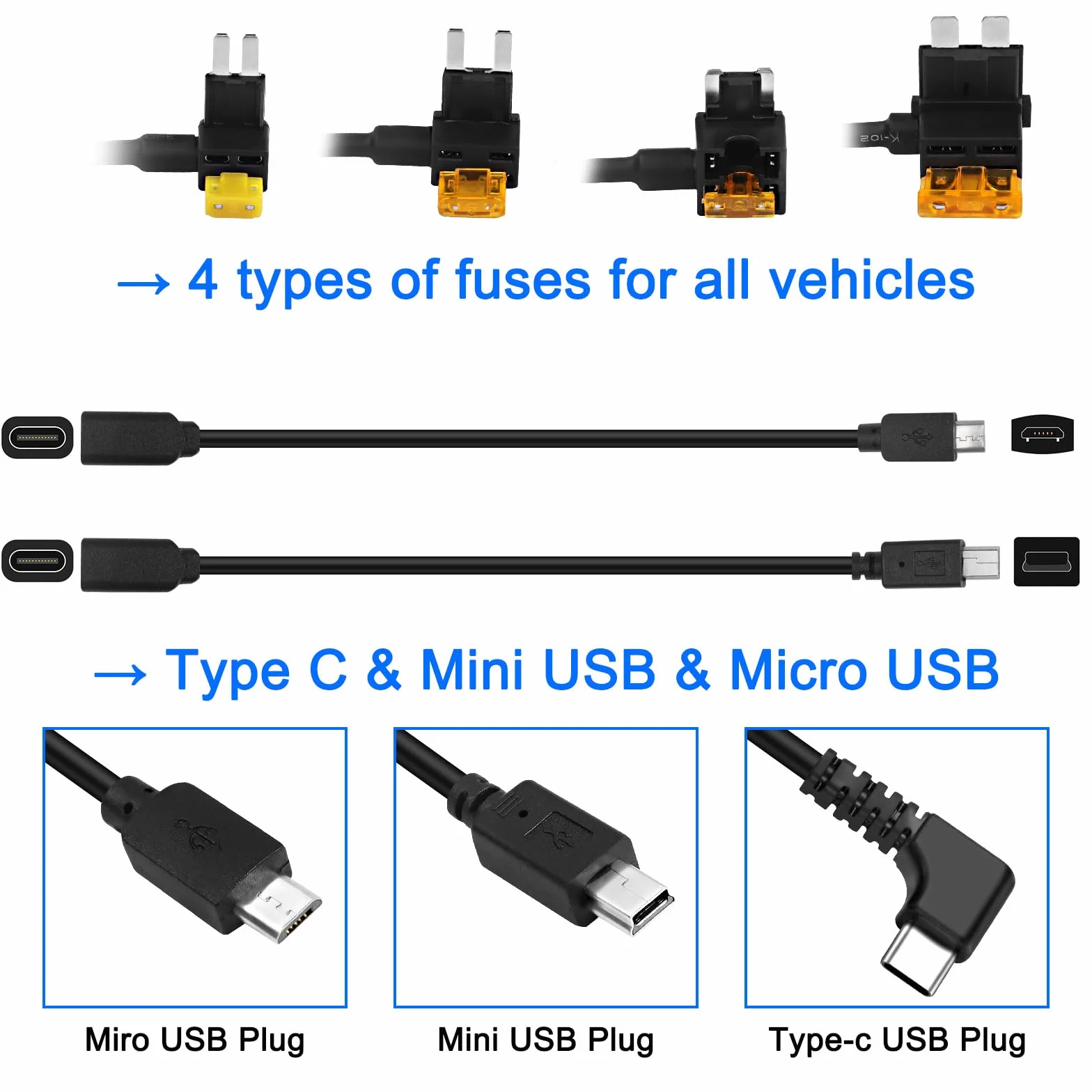 Zestaw do kamery samochodowej Hardwire Adapter USB typu C Micro/Mini USB 12 V-24 V do 5 V z kablama bezpiecznikowymi i narzędziem