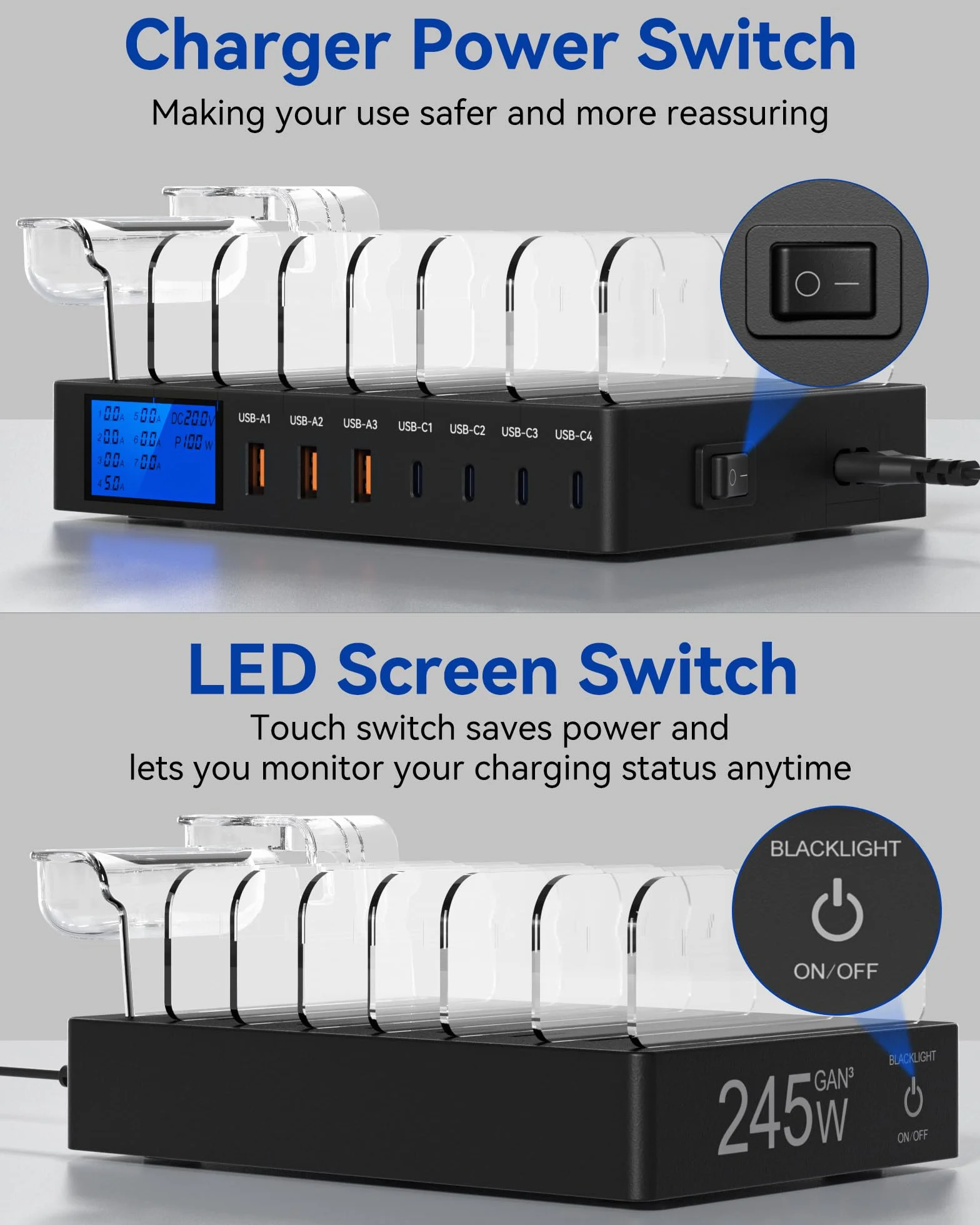 Stacja ładująca 245 W, 7 portów, wiele portów, ekran LCD, szybkie ładowanie USB C PD 100 W do iPhone'a, tabletu i innych urządzeń elektronicznych (bez kabla ładującego)