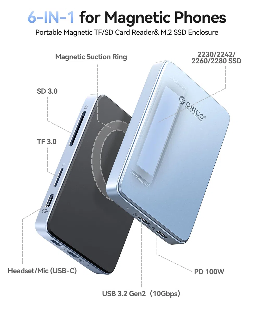 ORICO 10Gbps Magnetyczna obudowa M.2 NVMe SSD z podstawą USB-C Kompatybilna z nagrywaniem ProRes na iPhone 17/16/15 Pro/MAX/Plus Gniazdo TF/SD PD 100W dla dysków SSD 2230/2242/2260/2280 Bez dysku