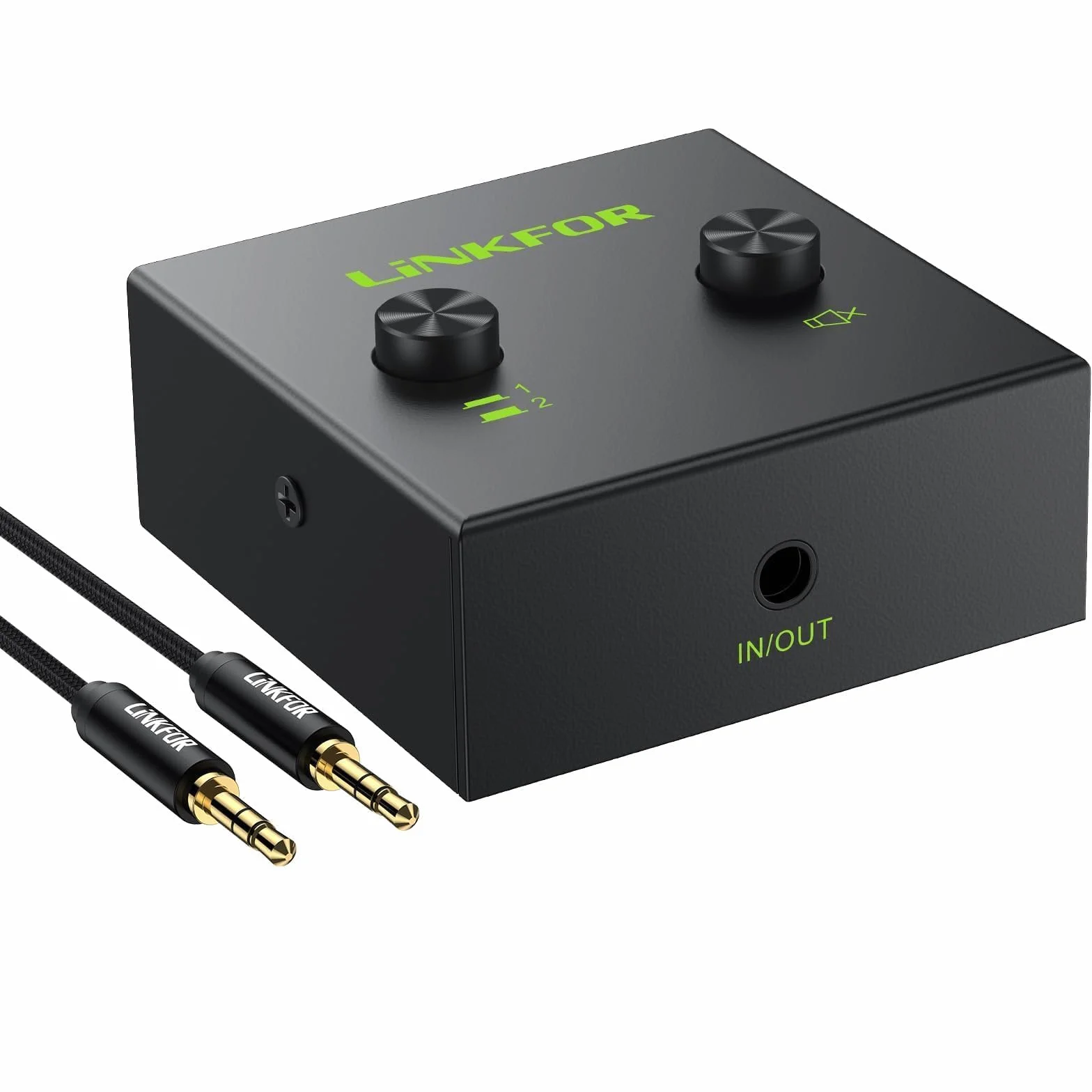 LiNKFOR Dwukierunkowy Przełącznik audio stereo 3,5 mm, przełącznik audio 2(1)-wejścia-1(2)-wyjścia, kabel 3,5 mm do komputera, telewizora, głośników