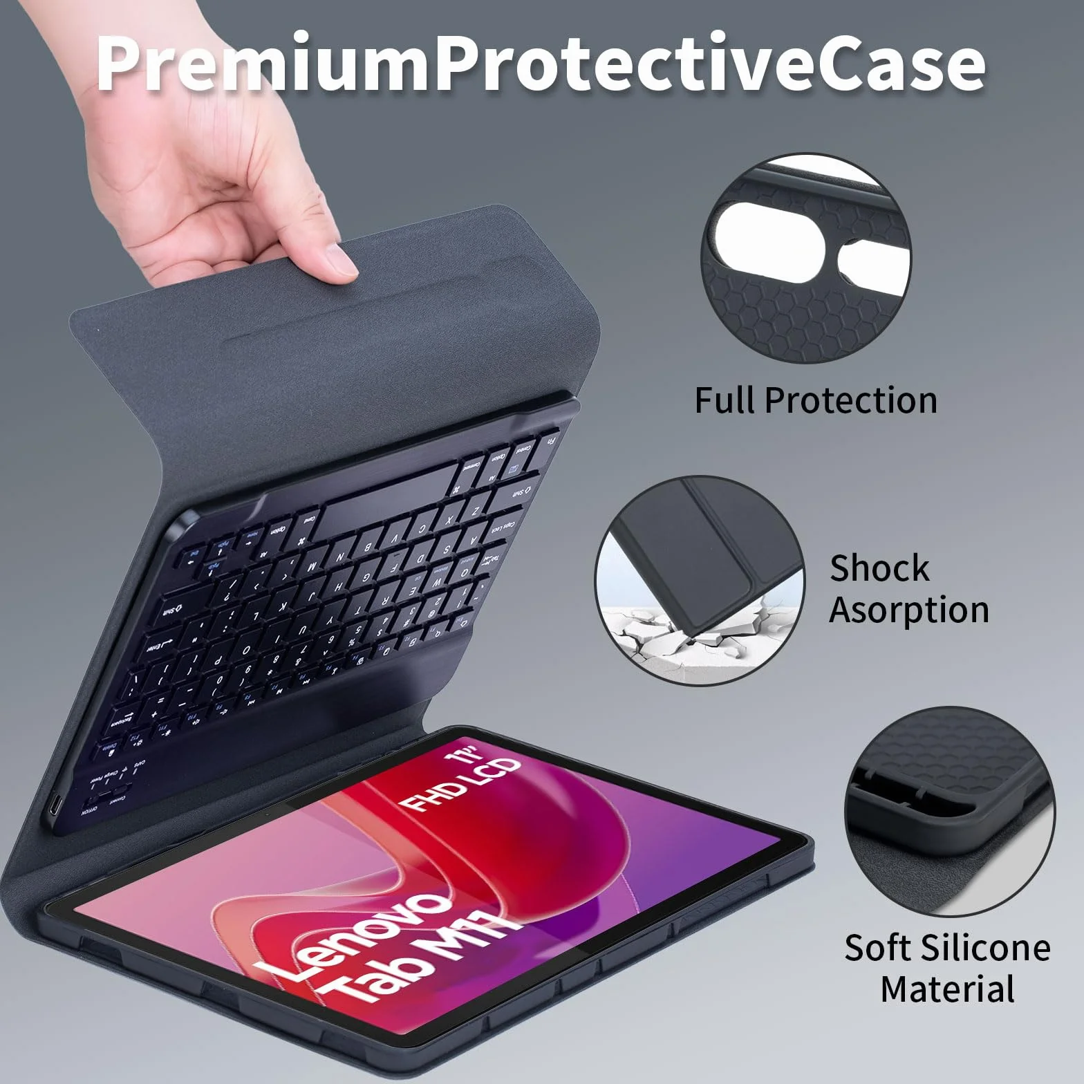 Keyboard Case for Lenovo Tab M11 11-calowy model 2024 (TB330FU/TB330XU) z myszką, odłączaną bezprzewodową klawiaturą Bluetooth, ultracienkie etui,Black