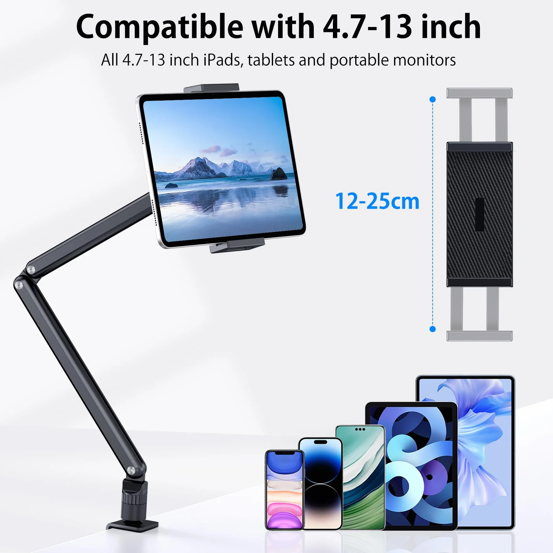 Stojak na tablet, aluminiowy uchwyt na biurko do iPada, uchwyt na ramię tabletu z metalową podstawą obracającą się o 360°, pasuje do iPada Air Pro Mini, telefonów, Samsung Galaxy, Kindle, wszystkich
