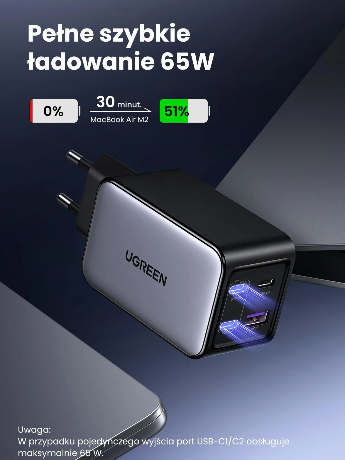 UGREEN Nexode 65 W Ładowarka USB C 4-portowy zasilacz GaN Wiele szybkich ładowarek Ładowarka PD Obsługuje PPS 45 W Kompatybilna z MacBookiem Pro/Air, iPadem Pro, serią iPhone 16-8, Galaxy S24